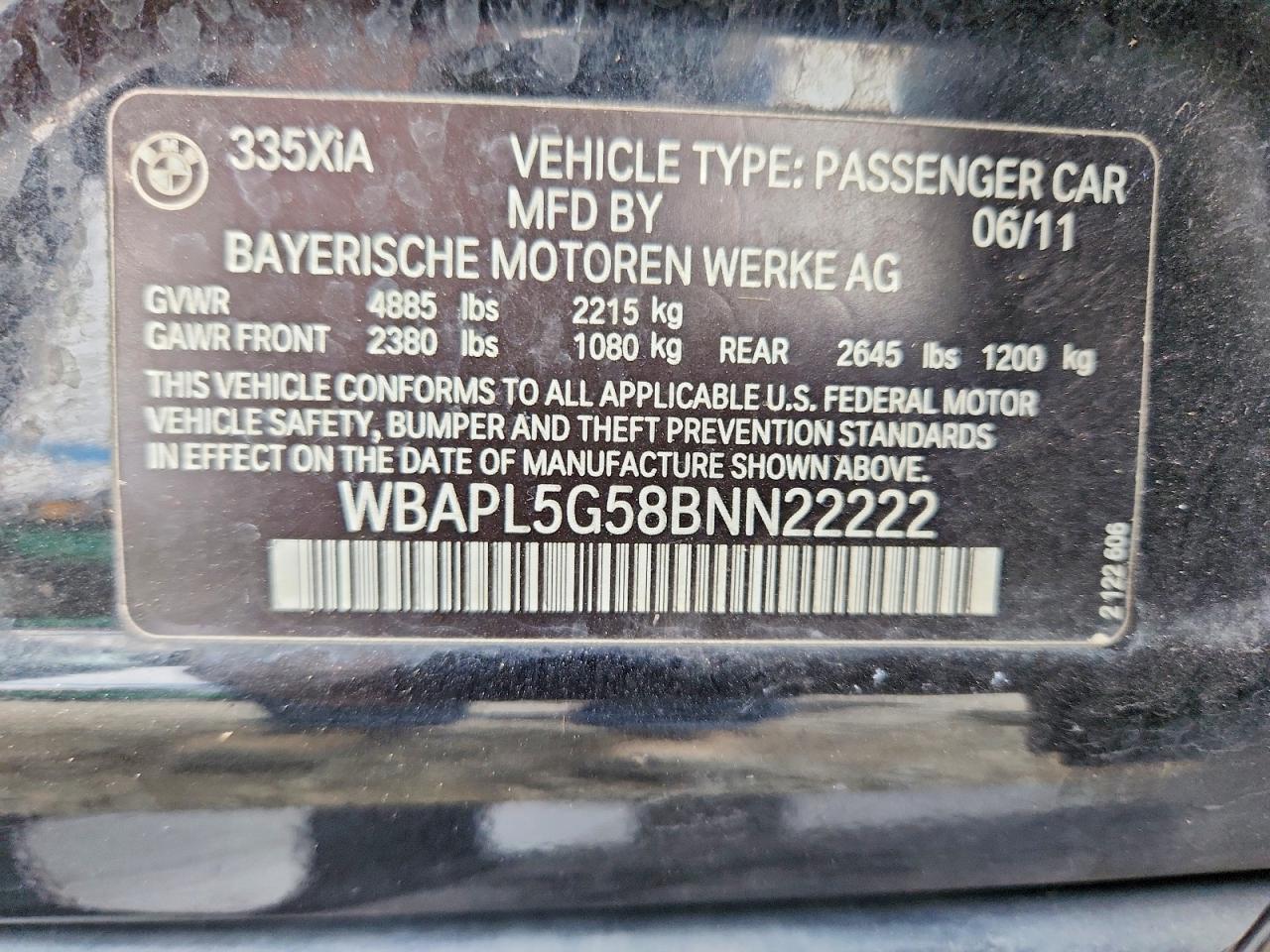 2011 Bmw 335 Xi Черный vin: WBAPL5G58BNN22222