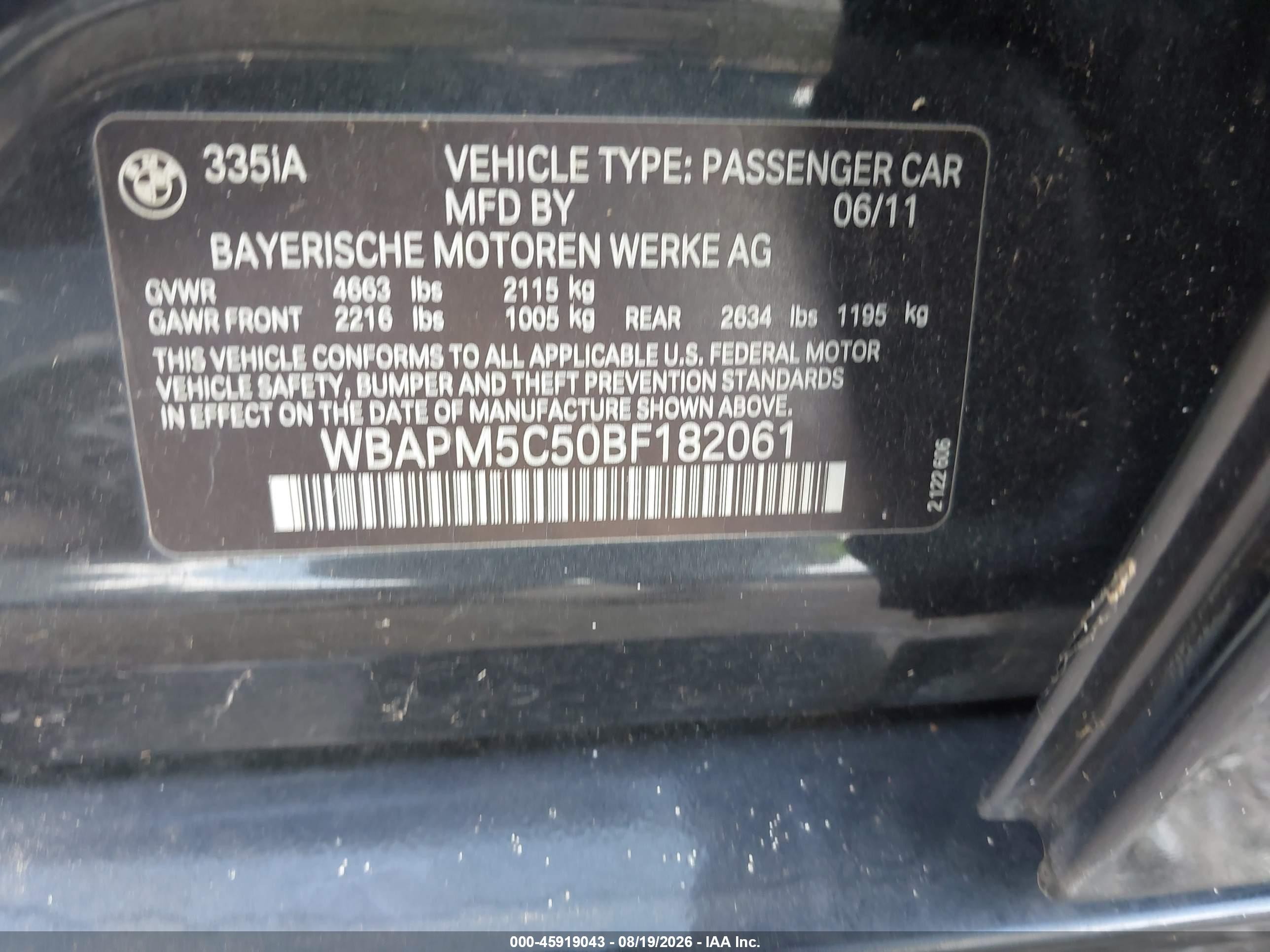 2011 Bmw 335 I Черный vin: WBAPM5C50BF182061