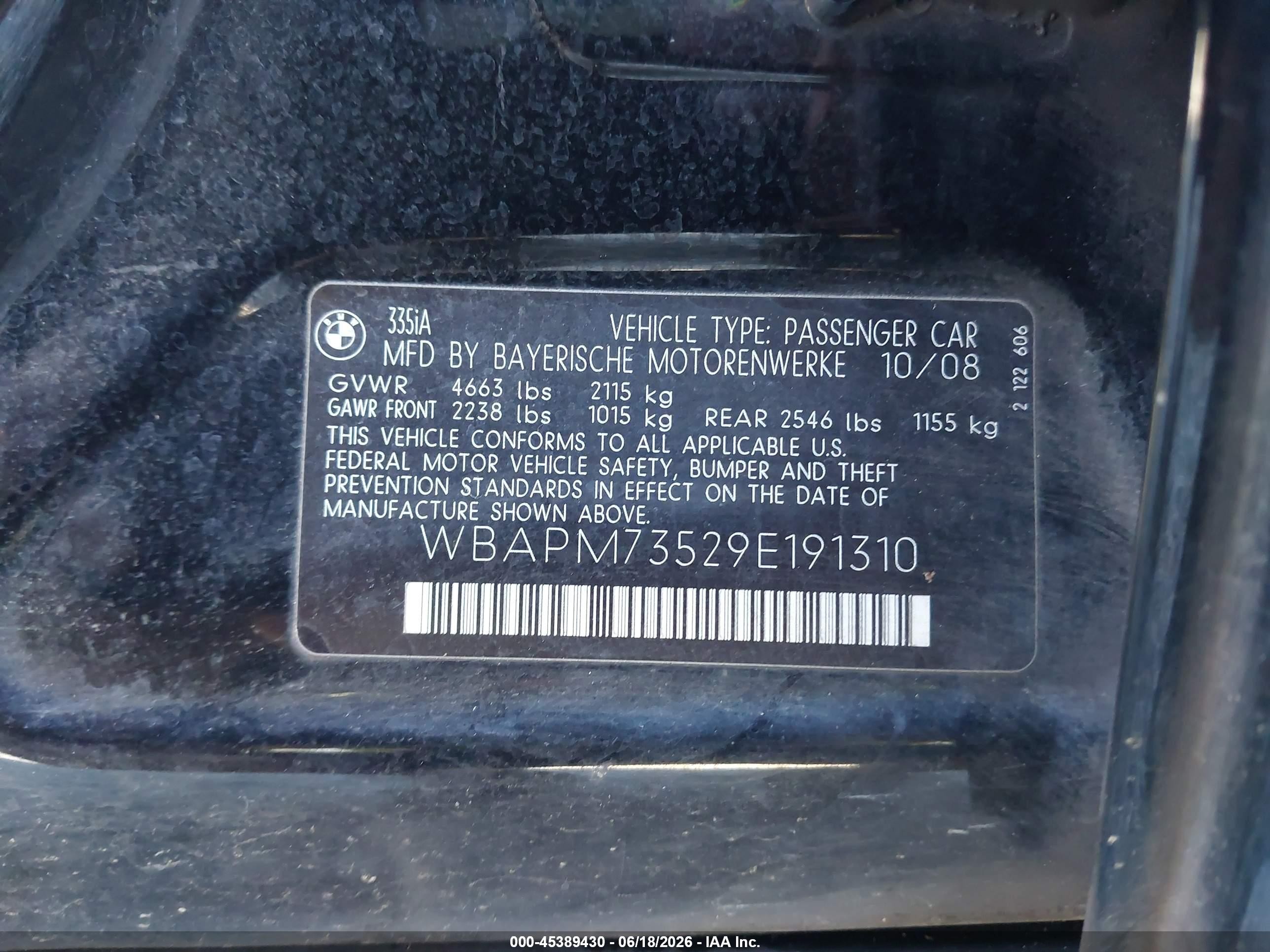 2009 Bmw 335i   Black vin: WBAPM73529E191310