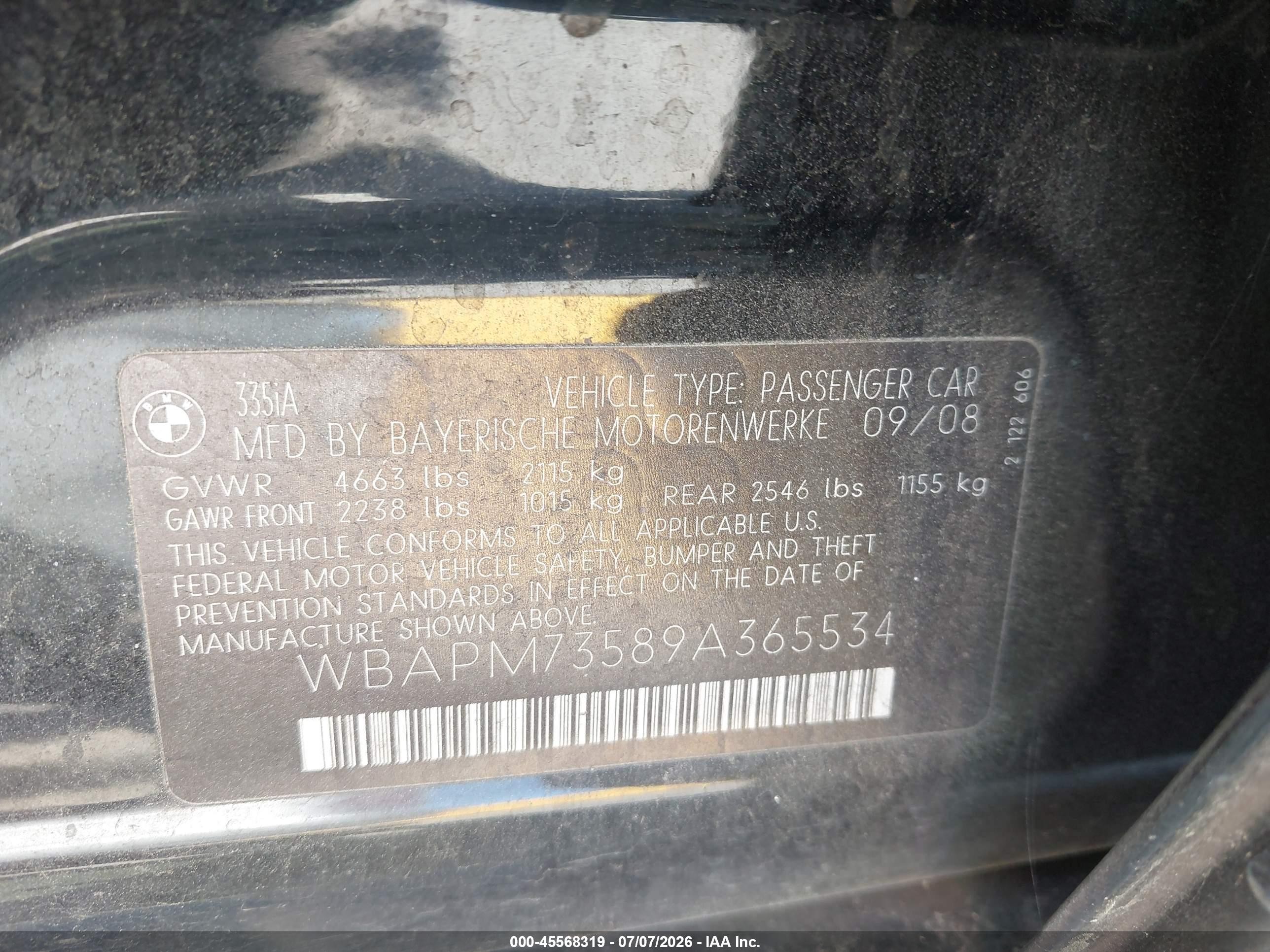 2009 Bmw 335i   Black vin: WBAPM73589A365534