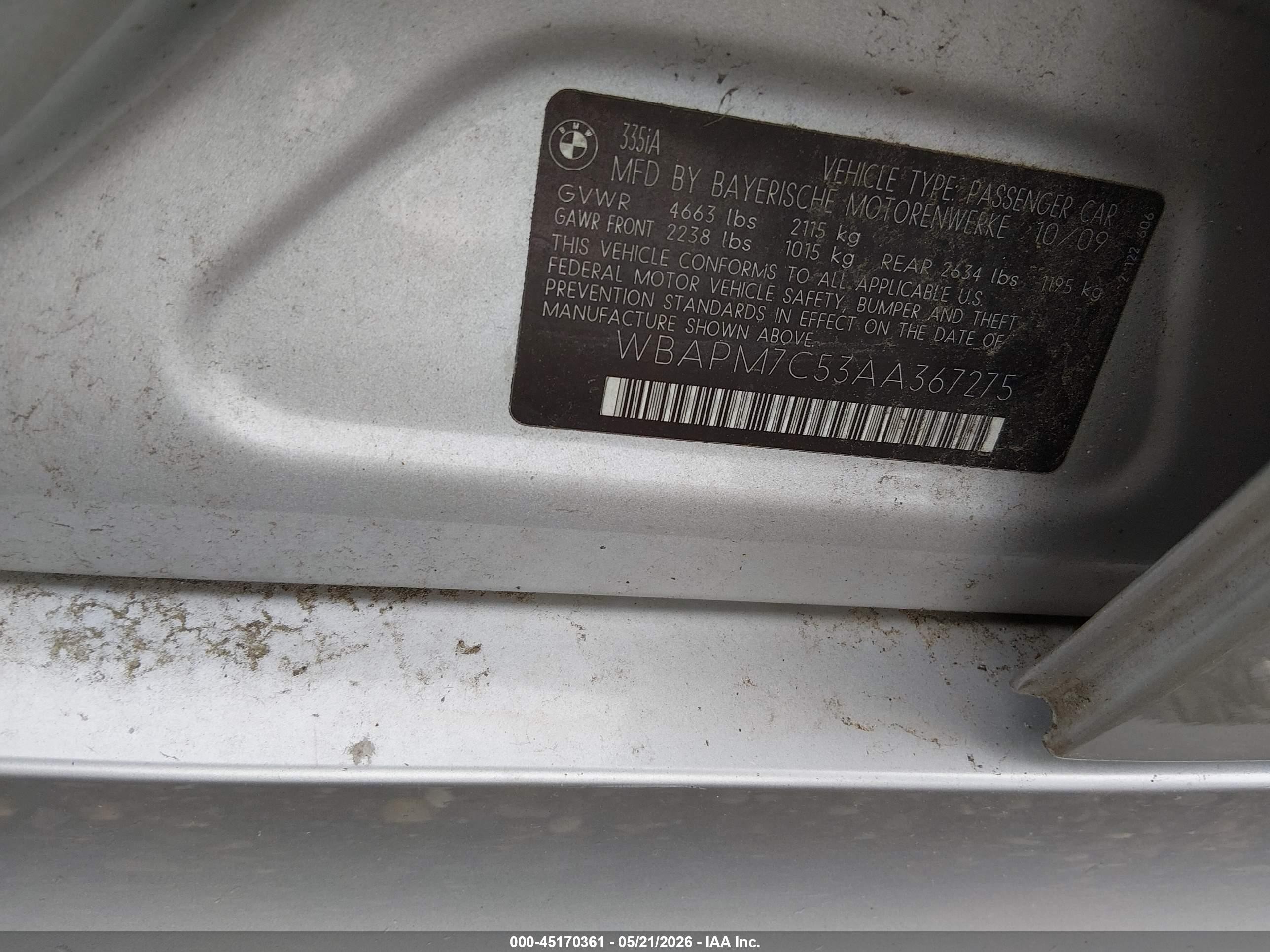 2010 Bmw 335i   Серый vin: WBAPM7C53AA367275