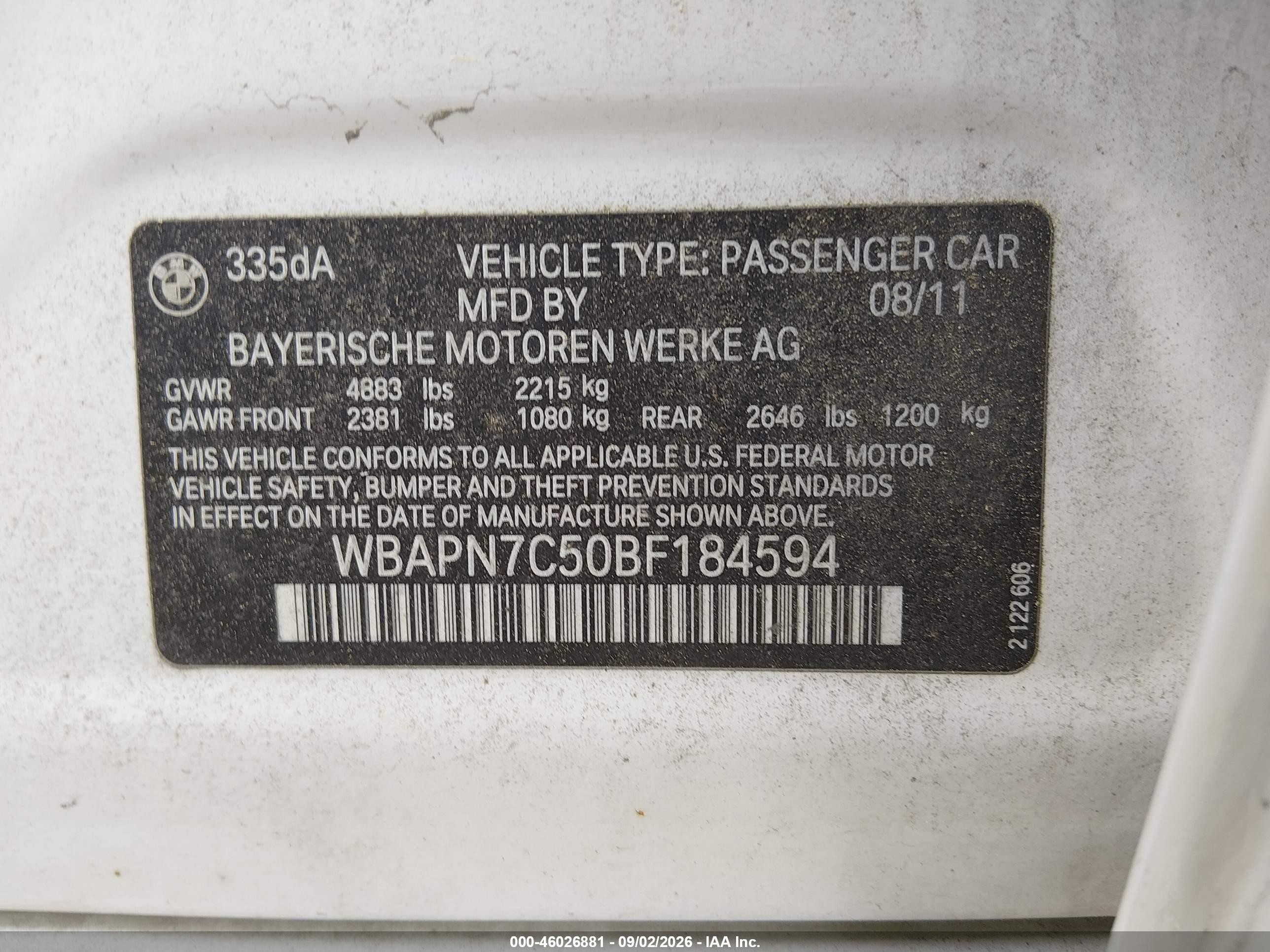 2011 Bmw 335d   White vin: WBAPN7C50BF184594