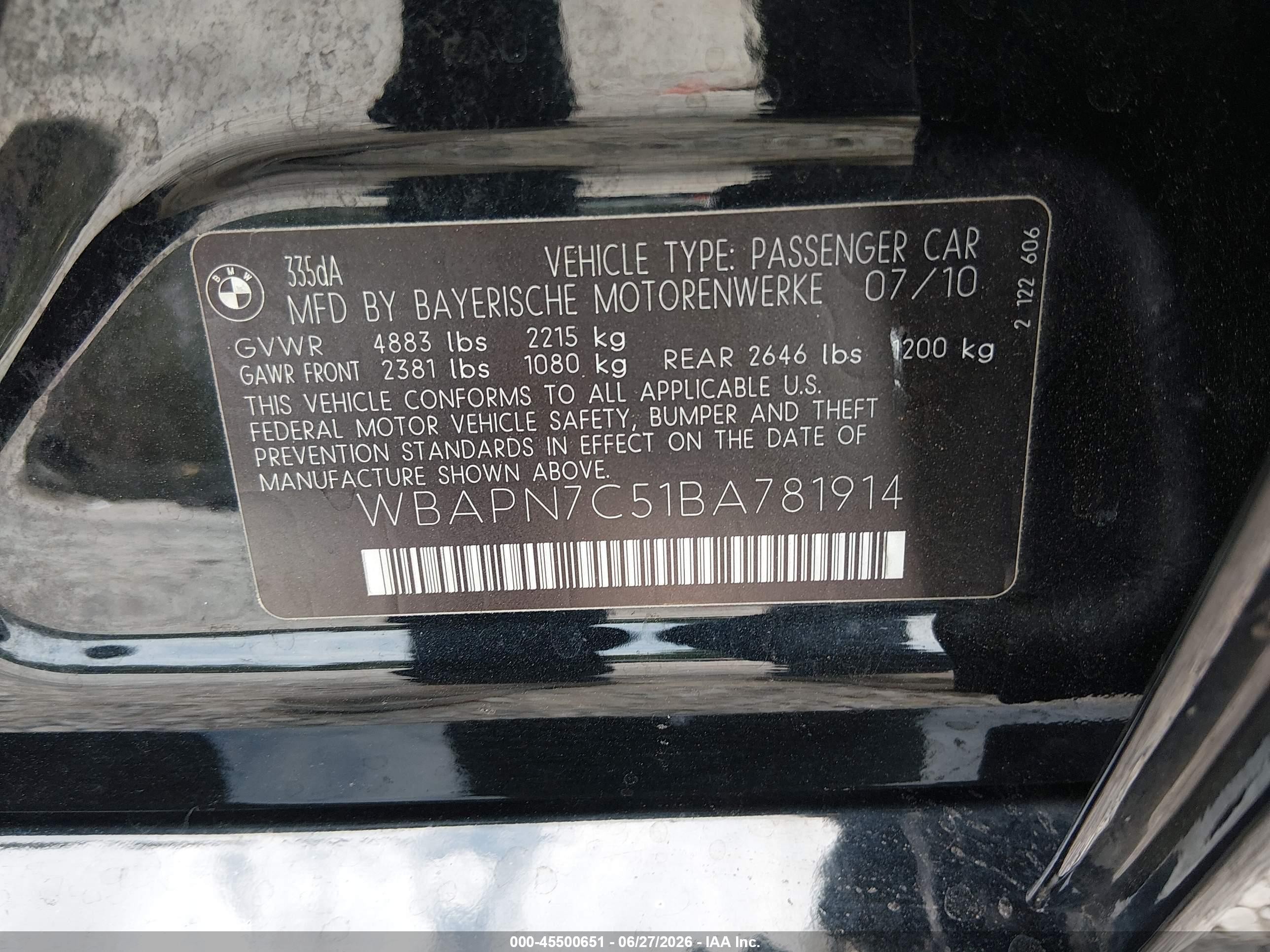 2011 Bmw 335d   Black vin: WBAPN7C51BA781914