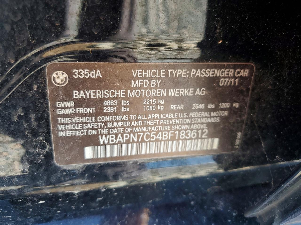 2011 Bmw 335 D Черный vin: WBAPN7C54BF183612