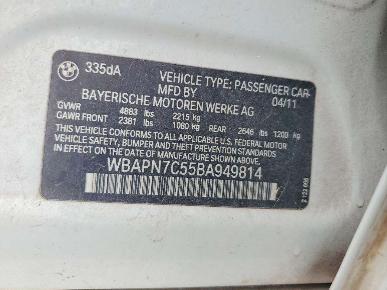 2011 Bmw 335 D White vin: WBAPN7C55BA949814
