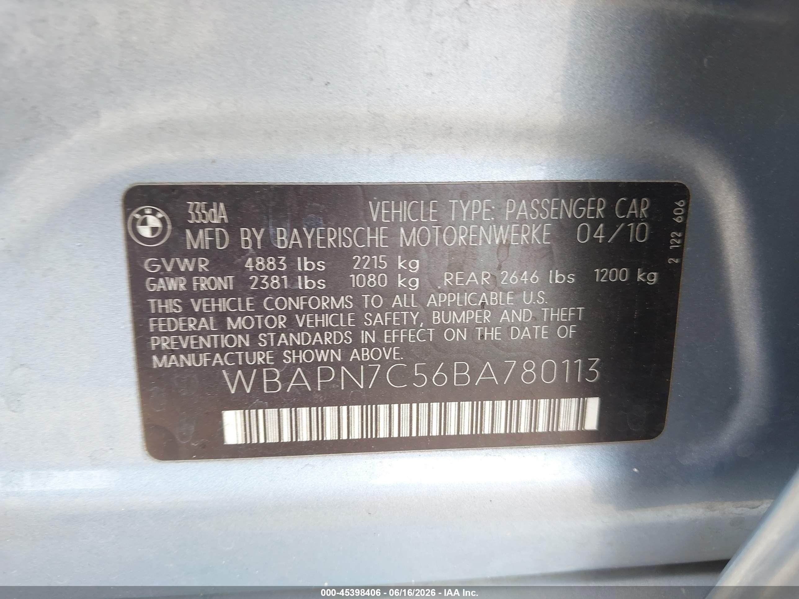 2011 Bmw 335d   Light Blue vin: WBAPN7C56BA780113