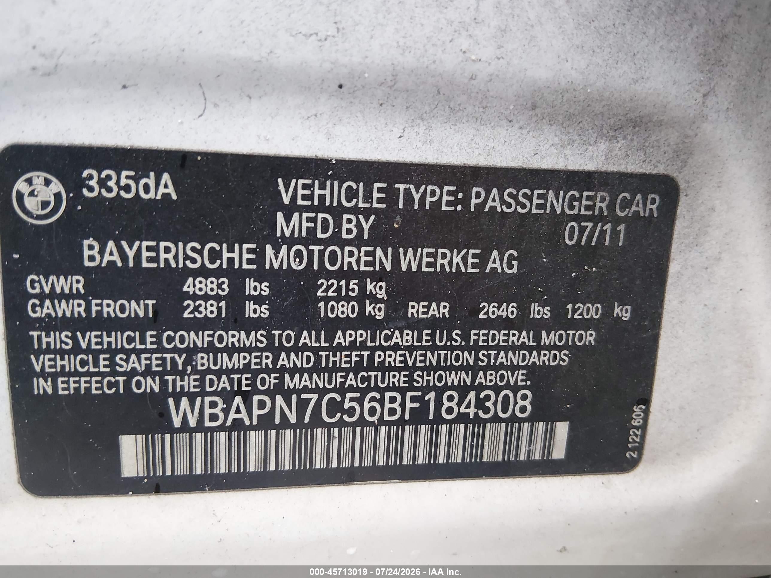 2011 Bmw 335d   White vin: WBAPN7C56BF184308