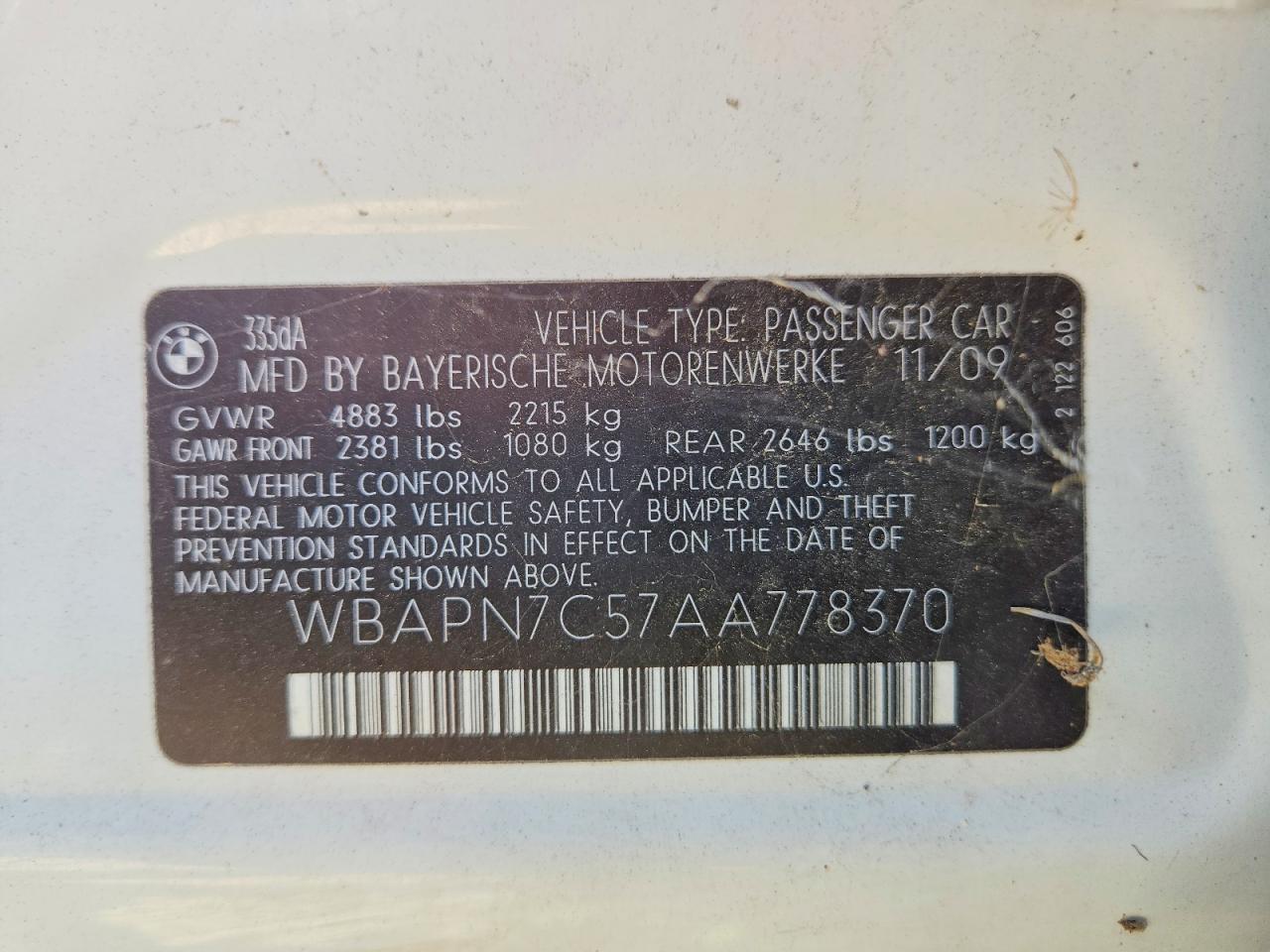2010 Bmw 335 D White vin: WBAPN7C57AA778370