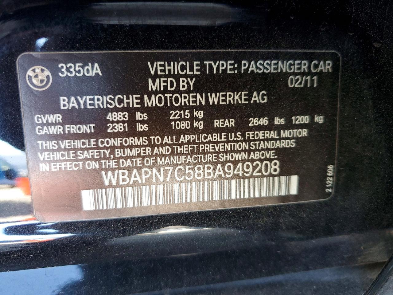 2011 Bmw 335 D Black vin: WBAPN7C58BA949208