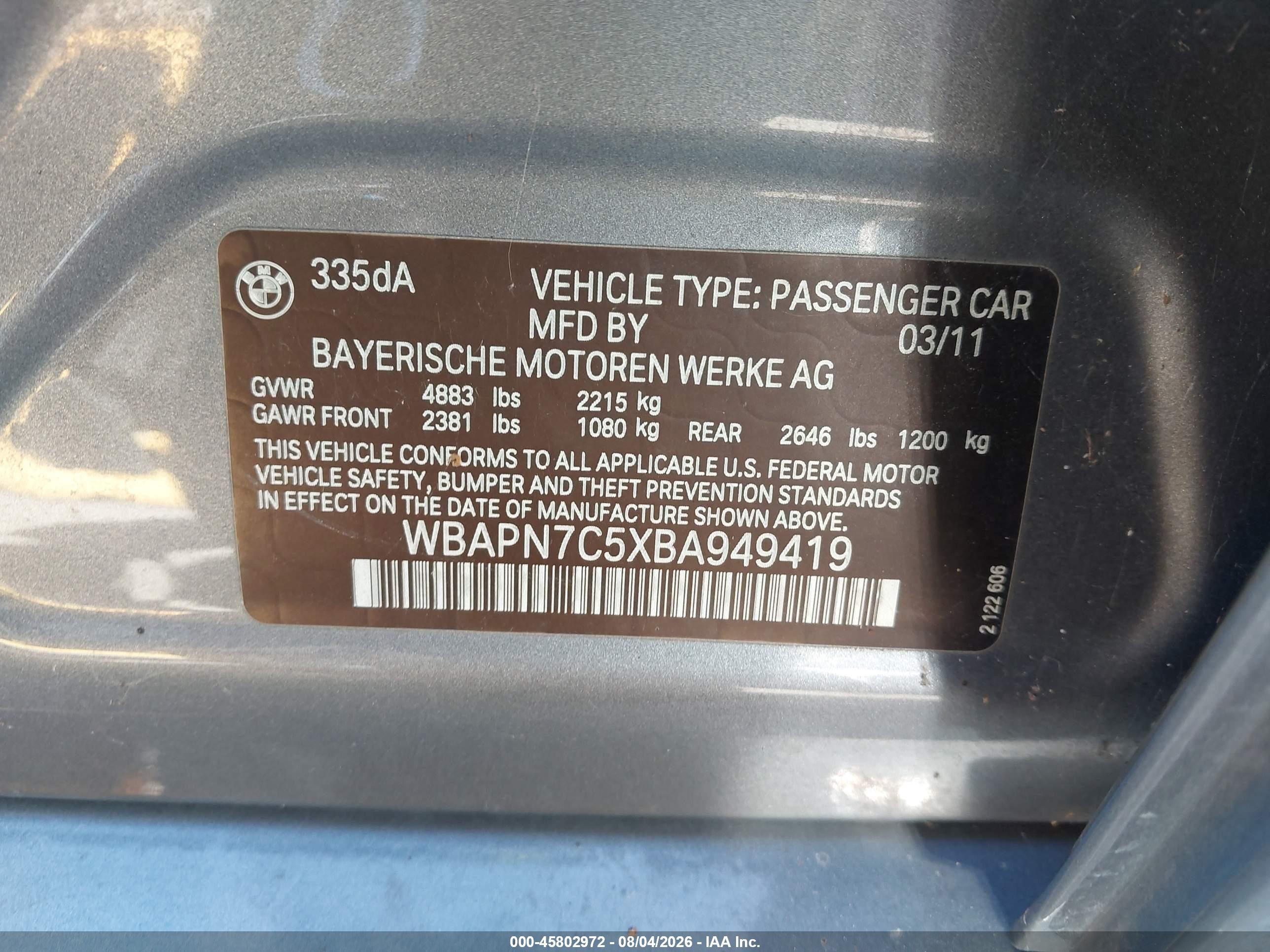 2011 Bmw 335d   Gray vin: WBAPN7C5XBA949419