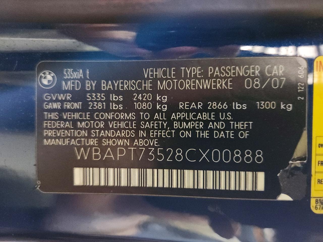 2008 Bmw 535 Xi Blue vin: WBAPT73528CX00888