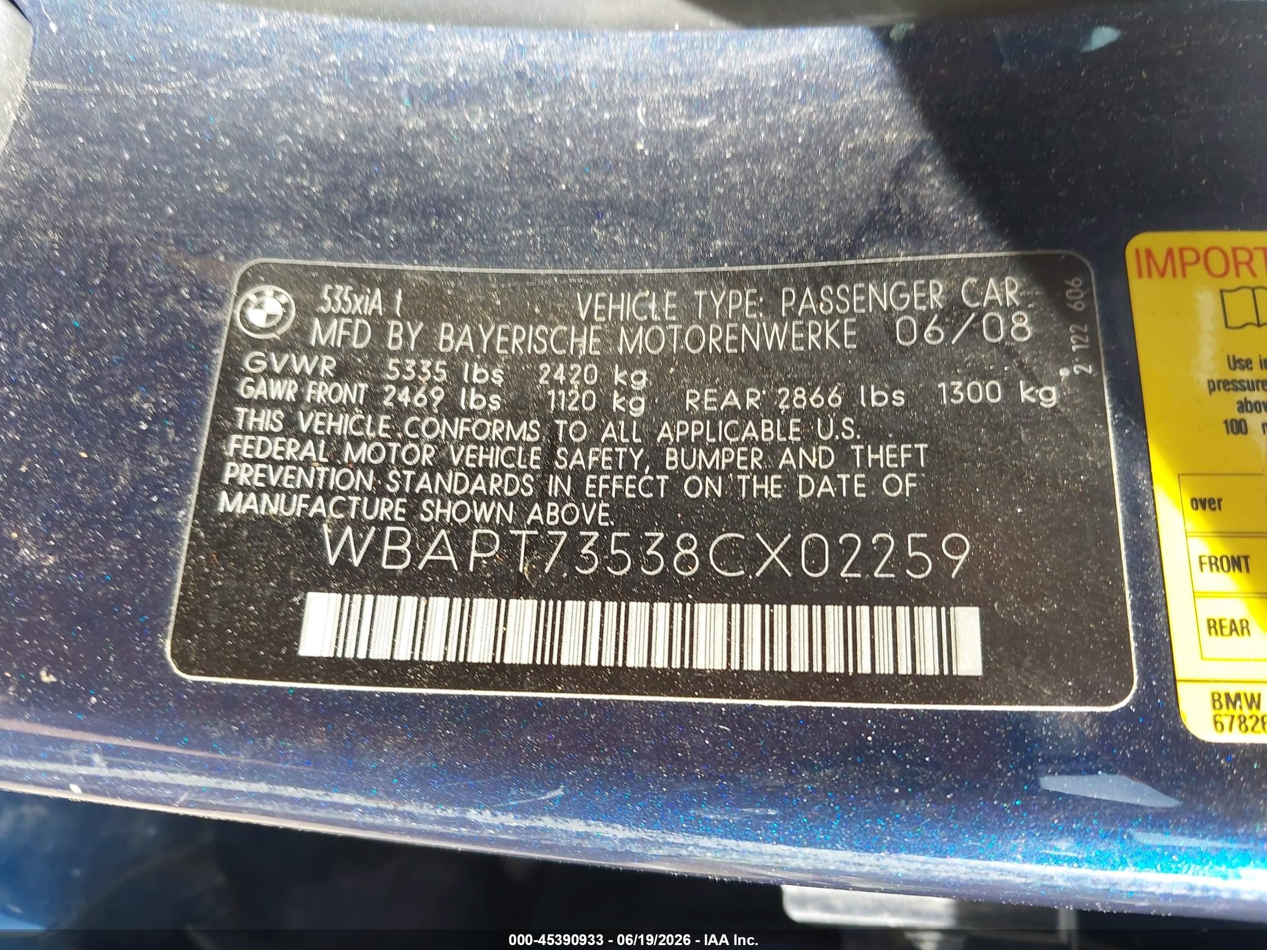 2008 Bmw 535xi   Dark Blue vin: WBAPT73538CX02259