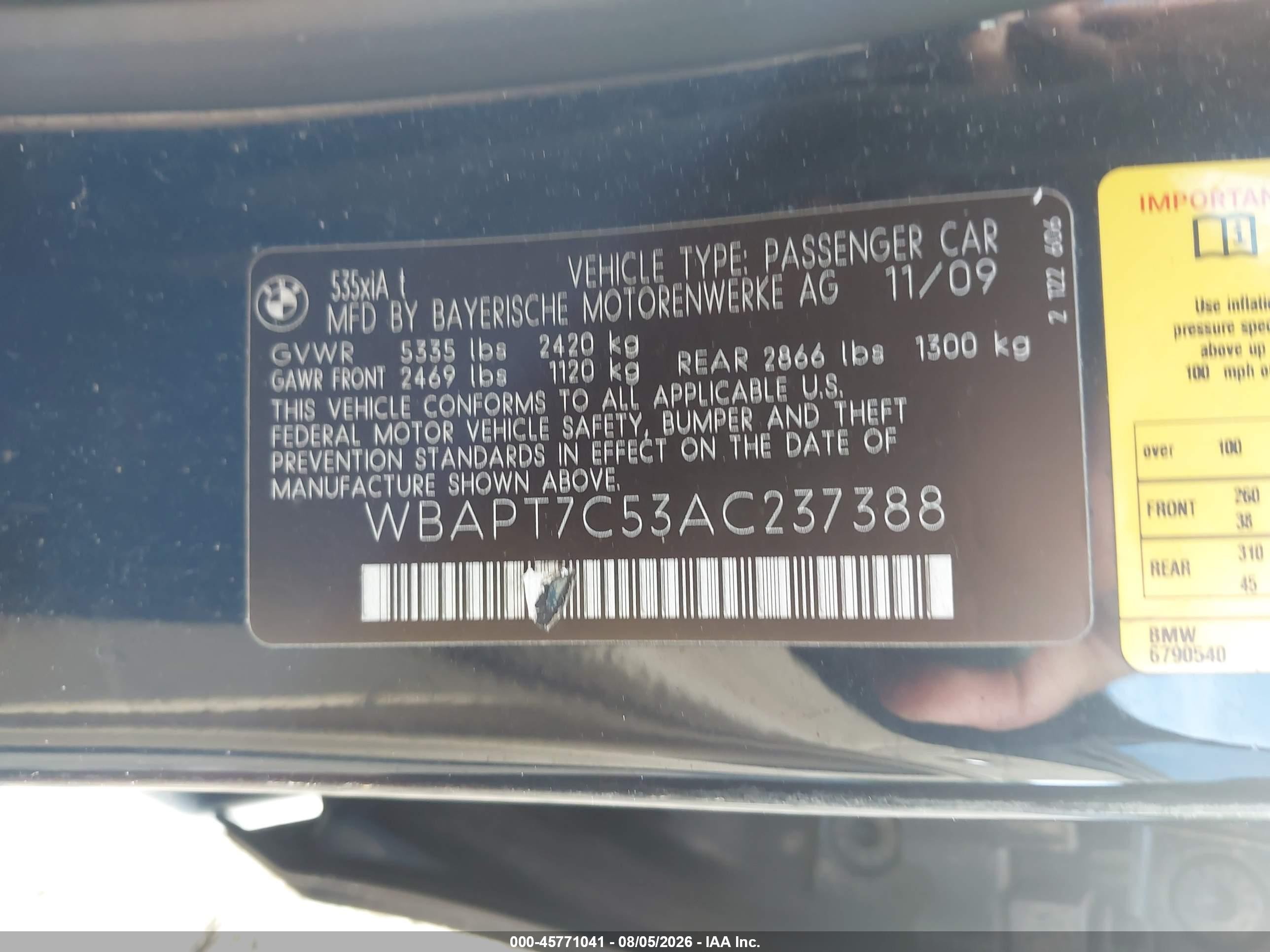 2010 Bmw 535i Xdrive Dark Blue vin: WBAPT7C53AC237388