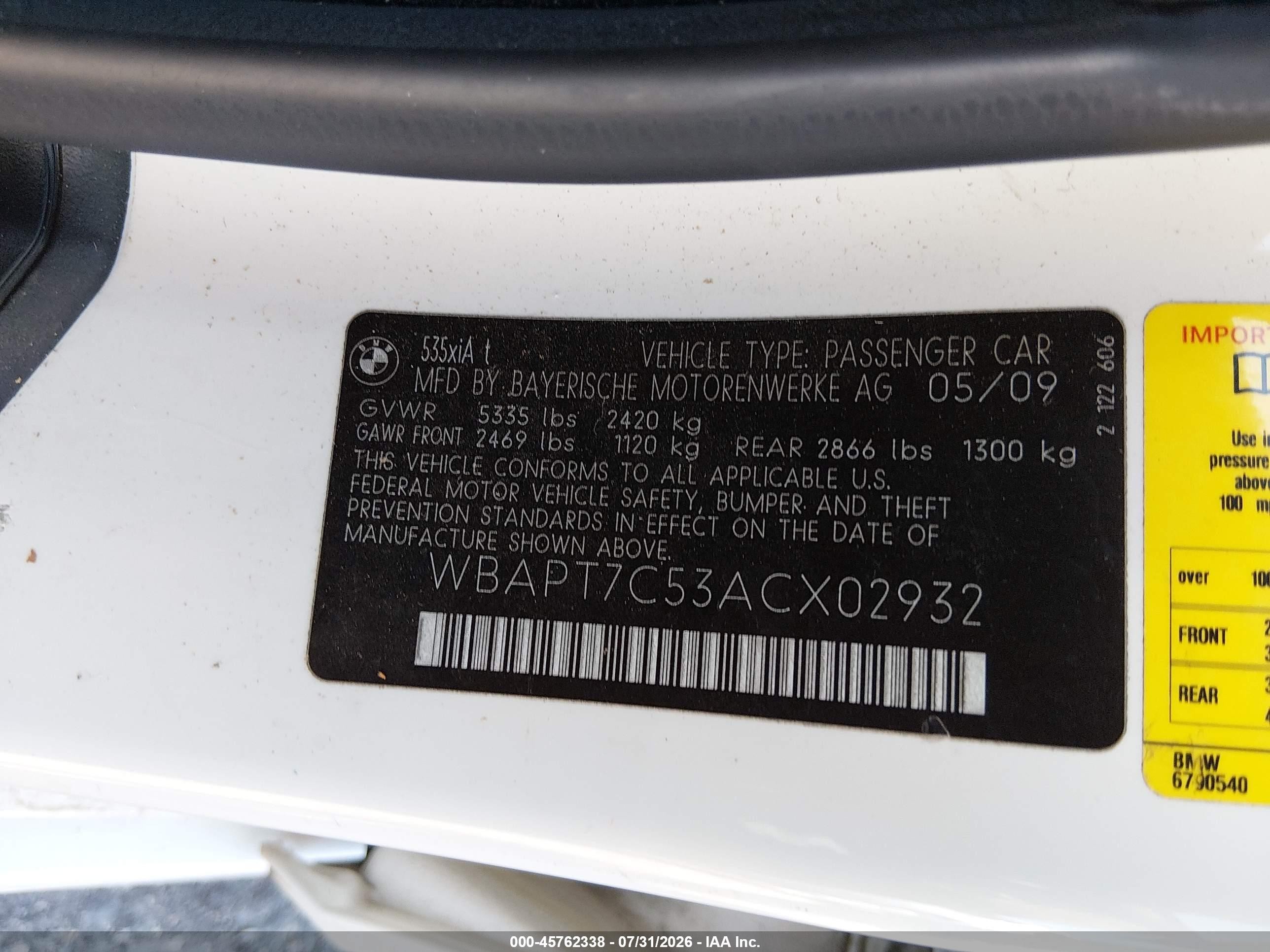 2010 Bmw 535i Xdrive Белый vin: WBAPT7C53ACX02932