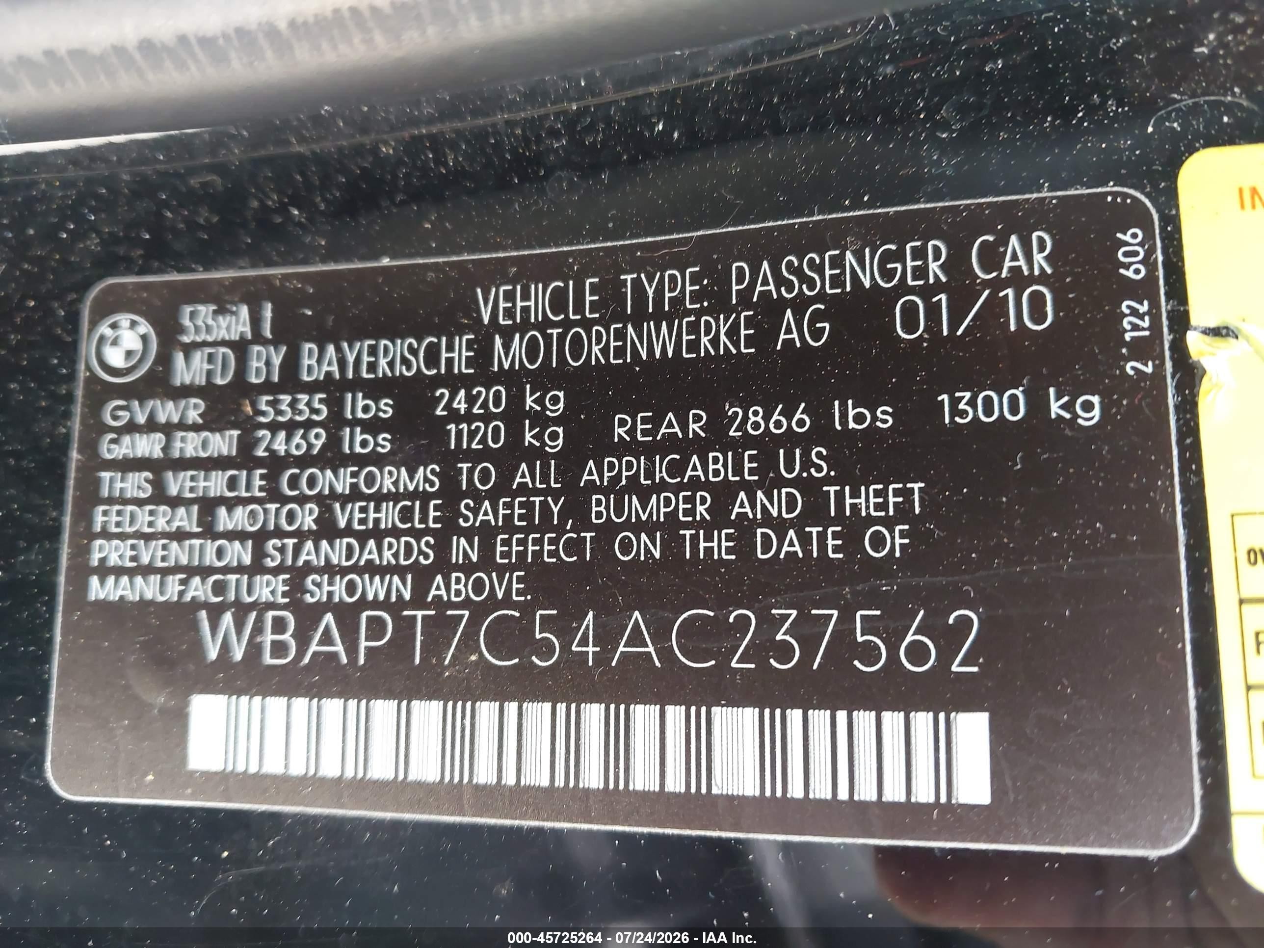 2010 Bmw 535i Xdrive Black vin: WBAPT7C54AC237562