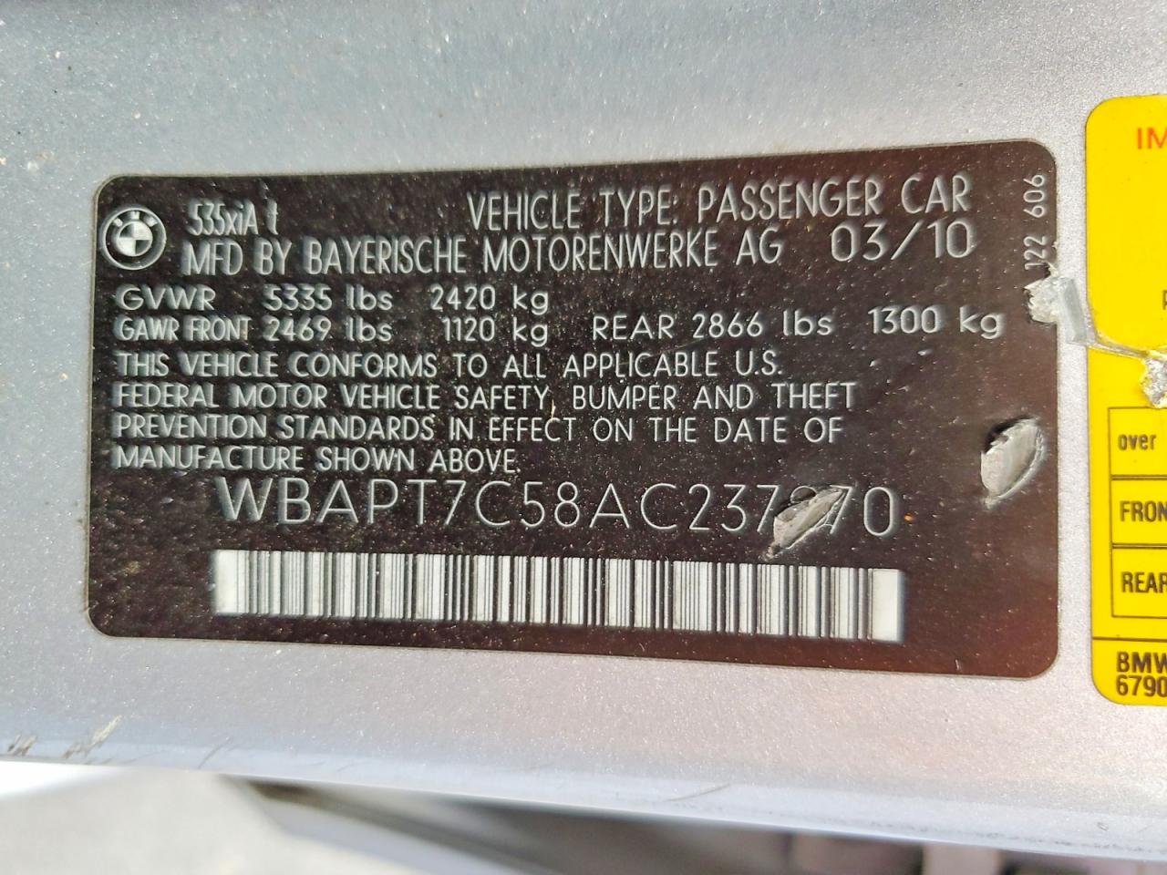 2010 Bmw 535 Xi Silver vin: WBAPT7C58AC237970