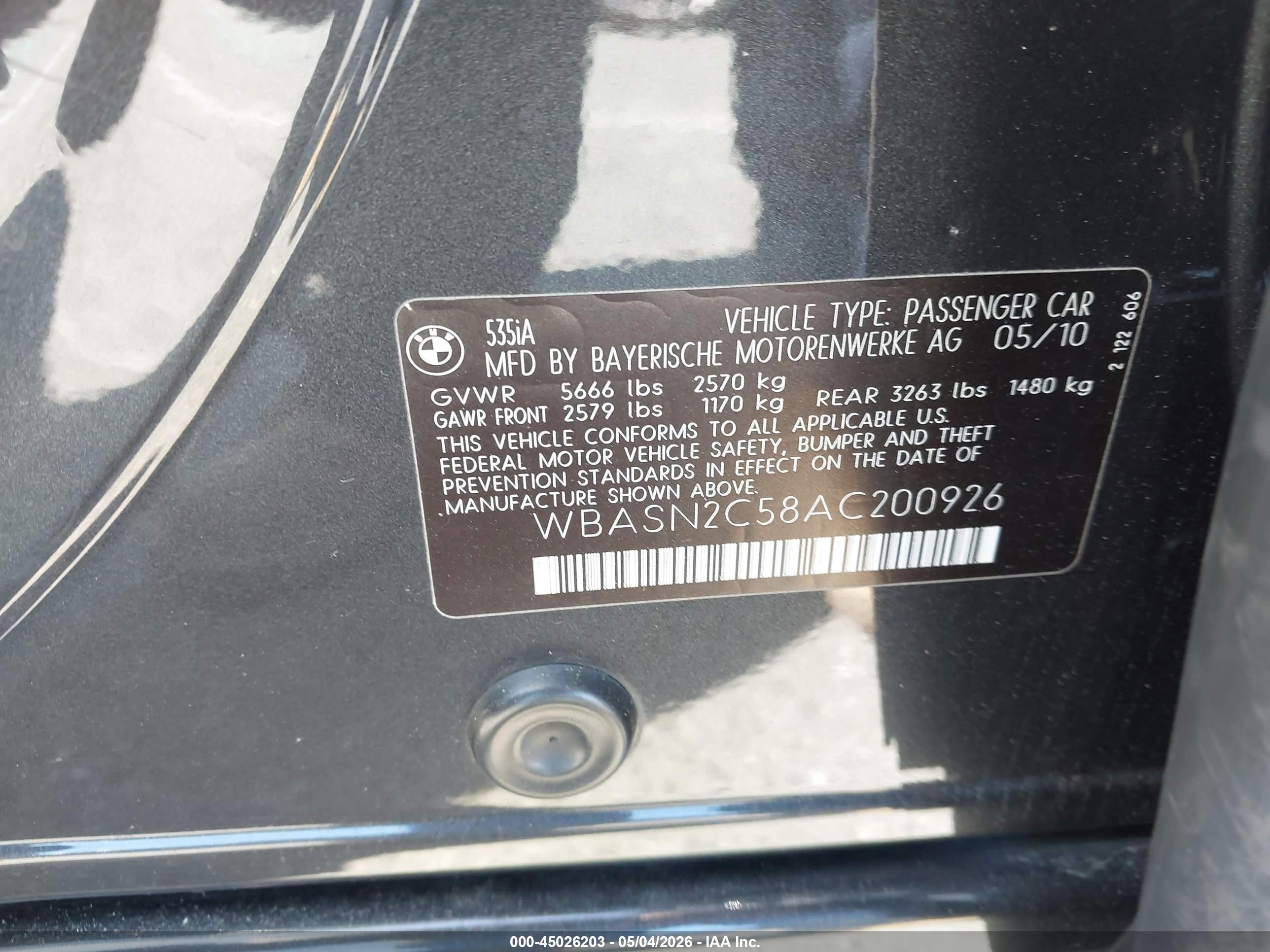 2010 Bmw 535i Gran Turismo   Black vin: WBASN2C58AC200926