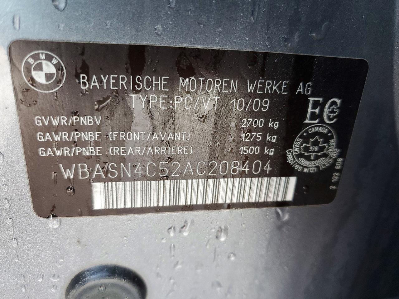 2010 Bmw 550 Gt Gray vin: WBASN4C52AC208404