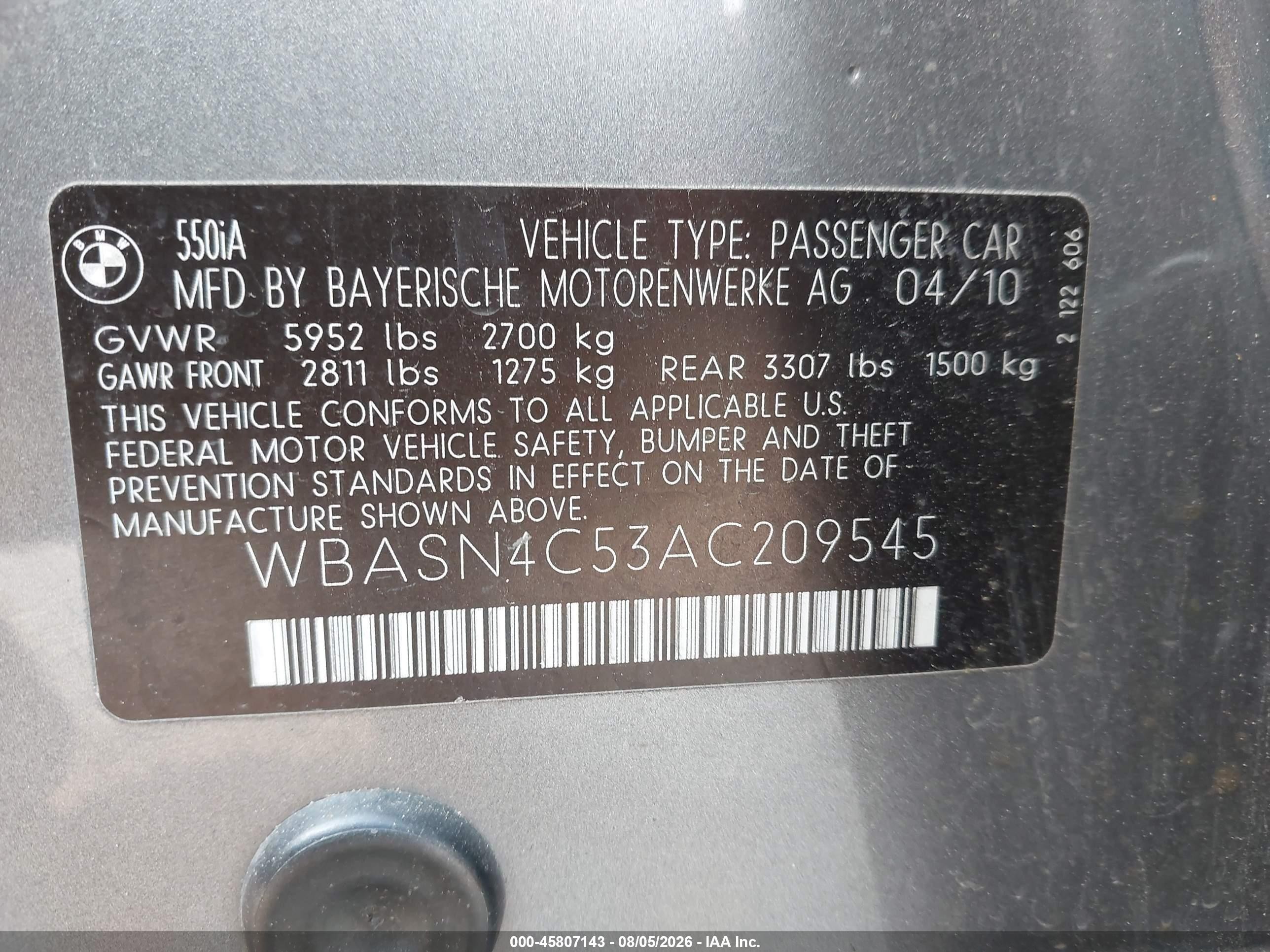 2010 Bmw 550i Gran Turismo   Gray vin: WBASN4C53AC209545