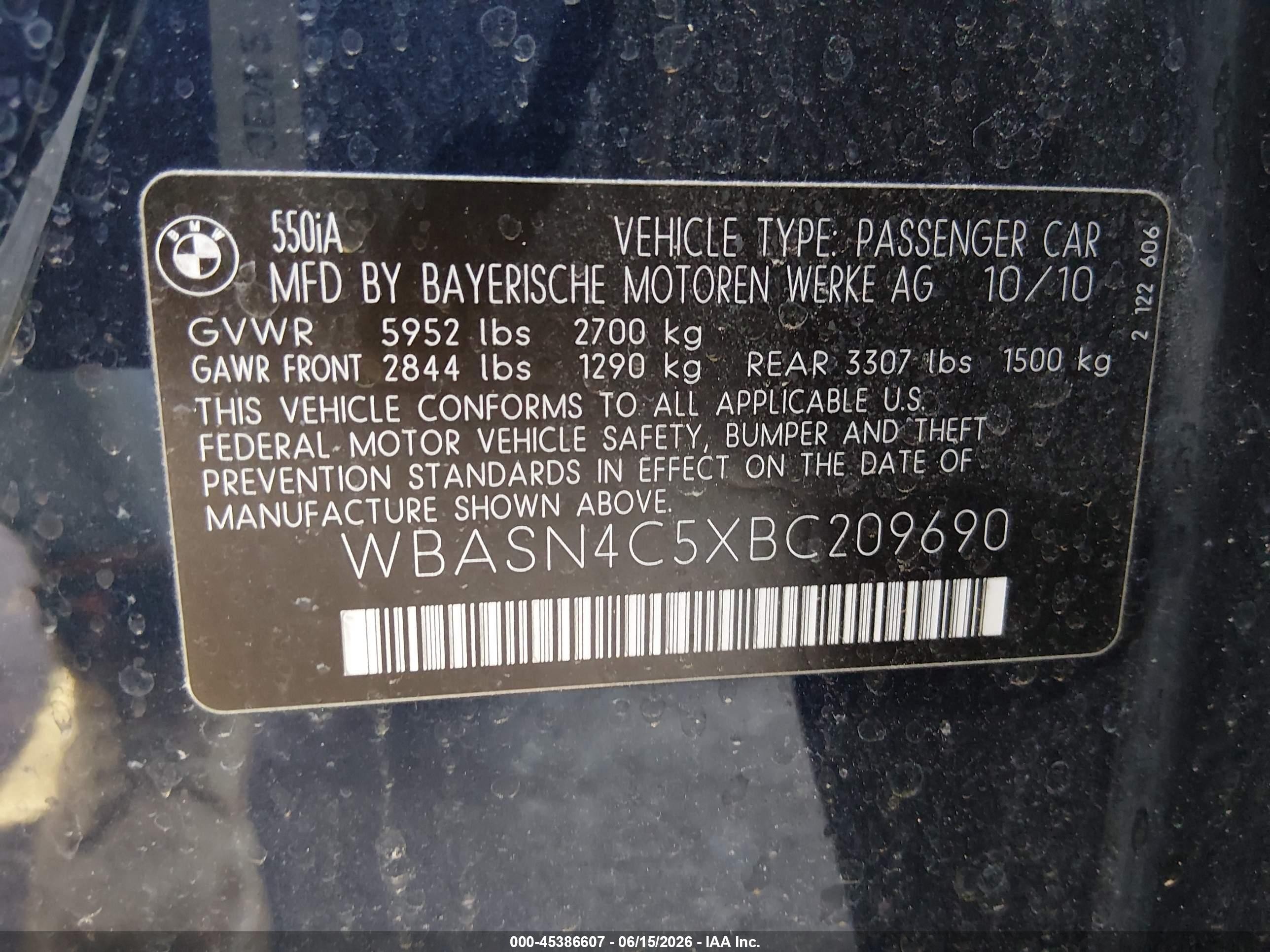 2011 Bmw 550i Gran Turismo   Dark Blue vin: WBASN4C5XBC209690