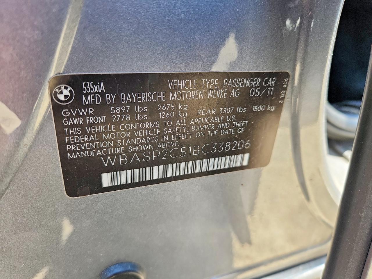 2011 Bmw 535 Xigt Gray vin: WBASP2C51BC338206