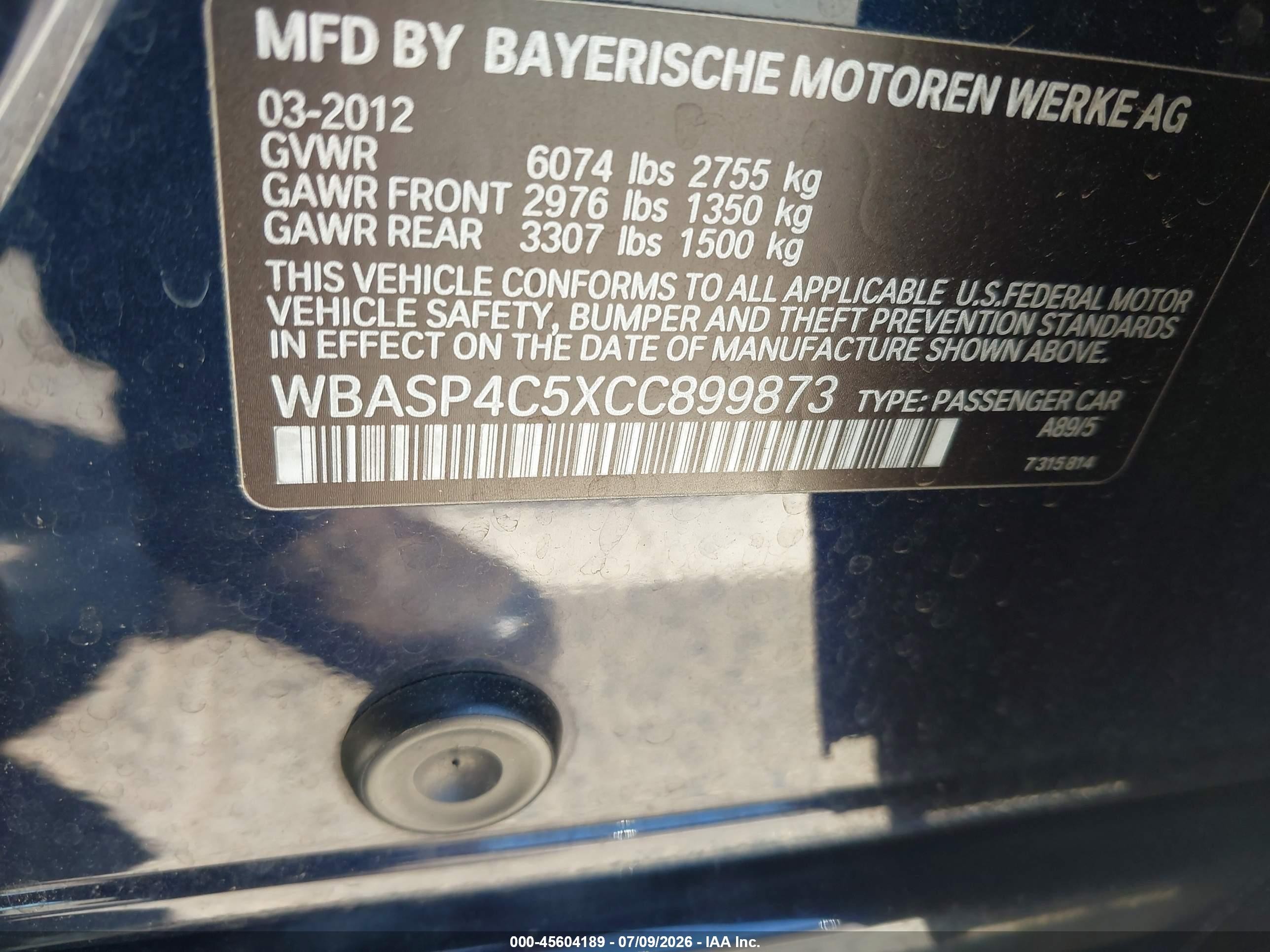 2012 Bmw 550i Gran Turismo Xdrive Blue vin: WBASP4C5XCC899873