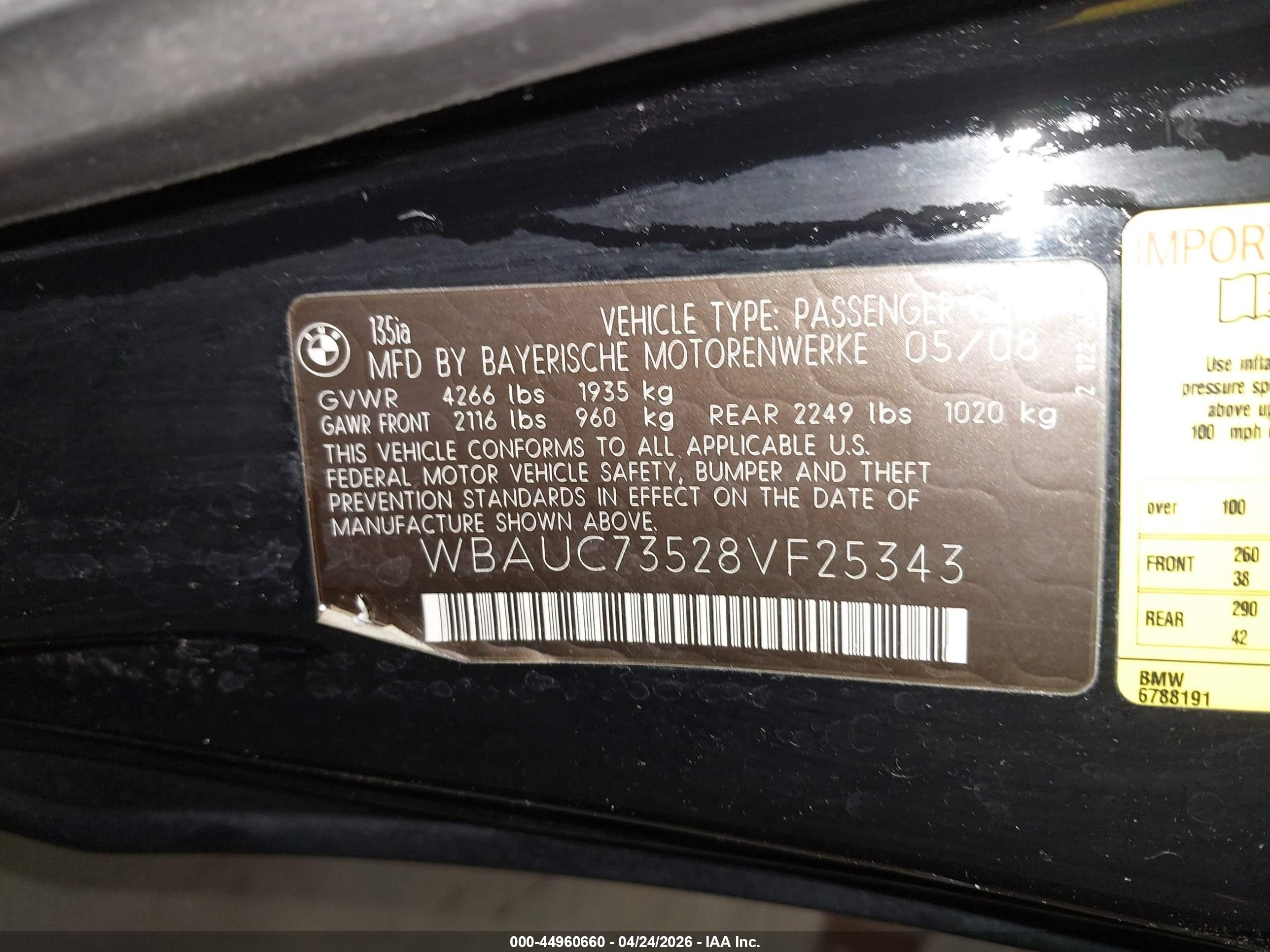 2008 Bmw 135i   Black vin: WBAUC73528VF25343