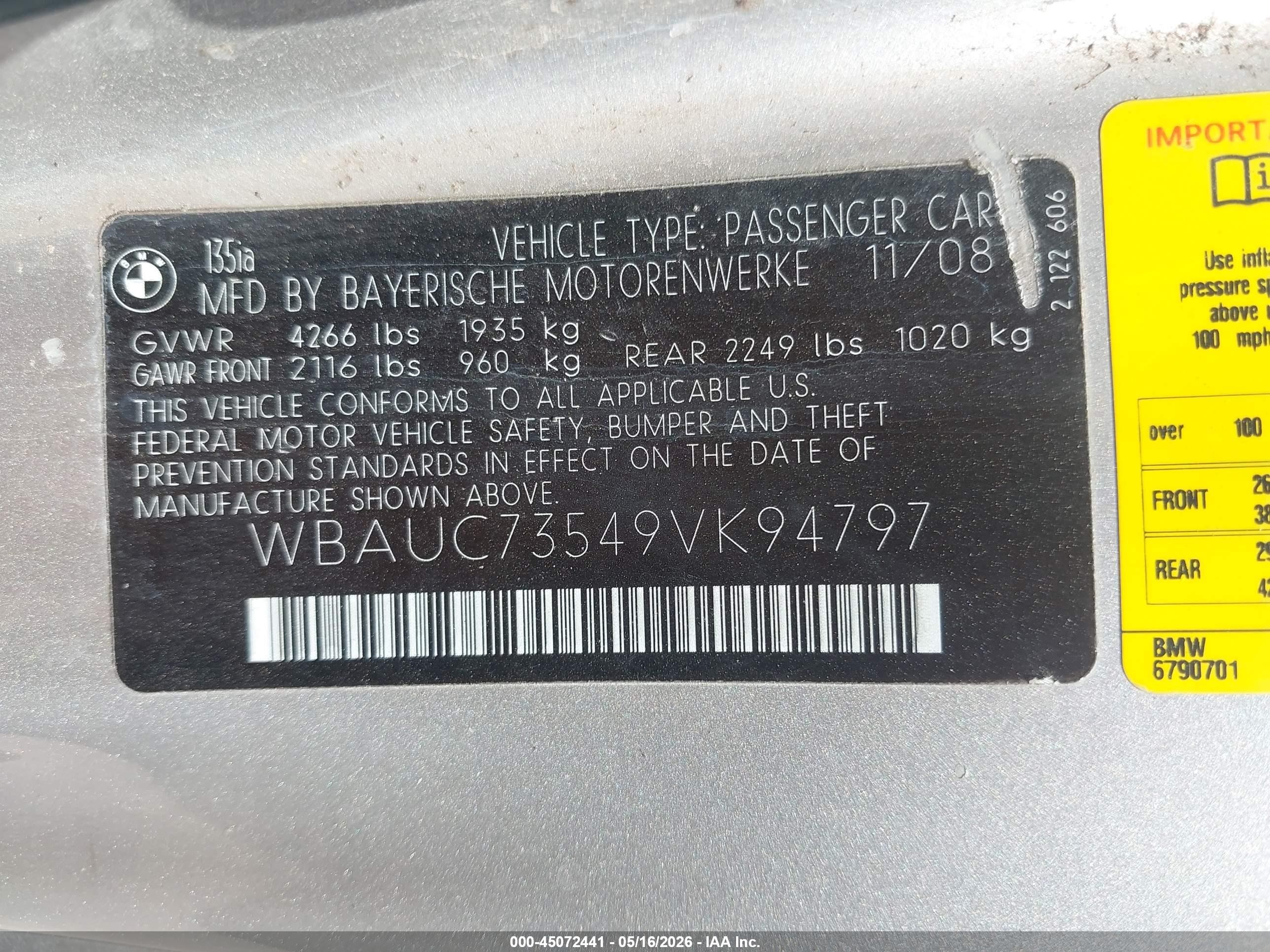 2009 Bmw 135i   Silver vin: WBAUC73549VK94797