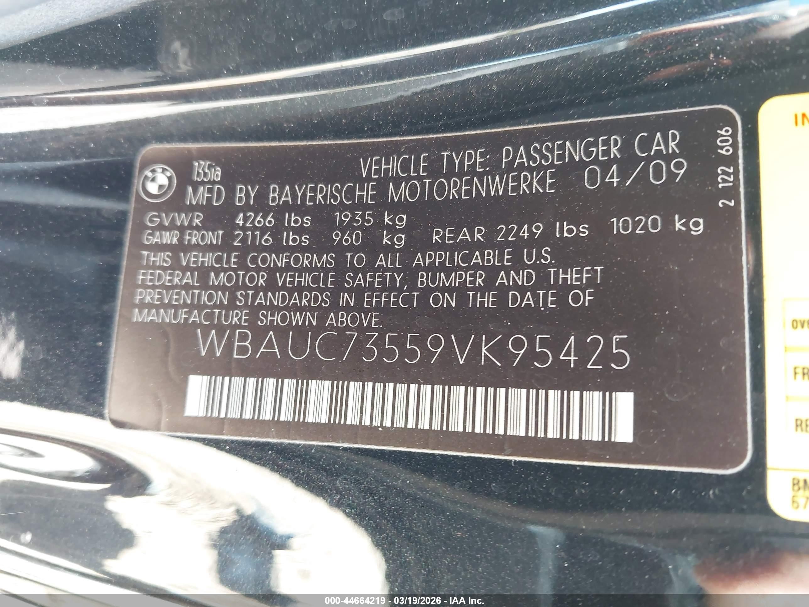 2009 Bmw 135i   Black vin: WBAUC73559VK95425