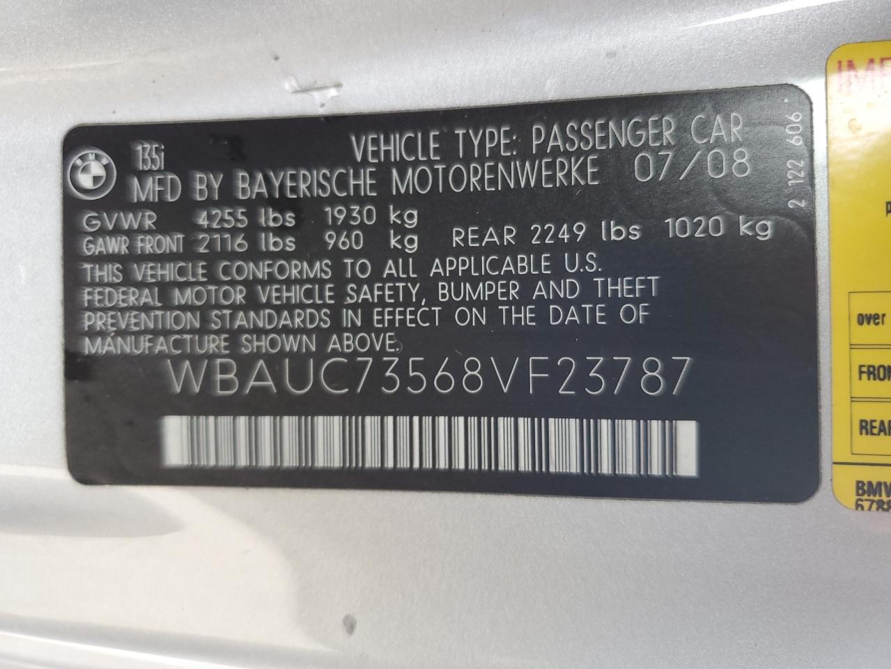 2008 Bmw 135 I Gray vin: WBAUC73568VF23787