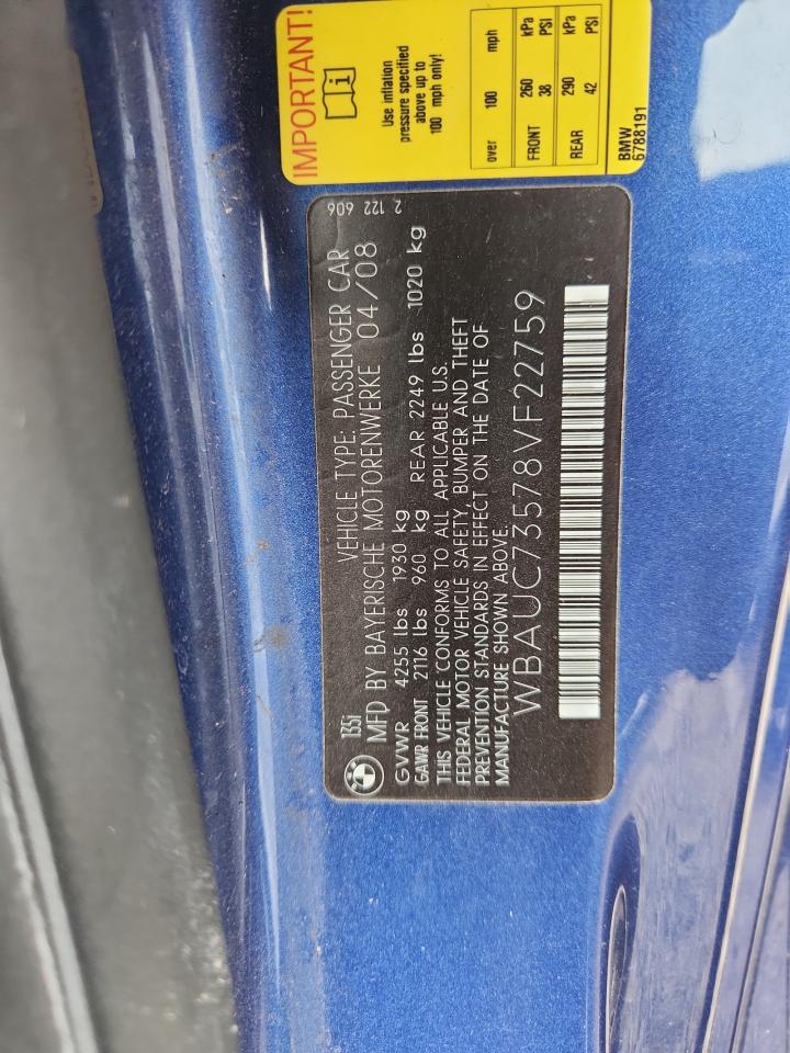 2008 Bmw 135 I Blue vin: WBAUC73578VF22759