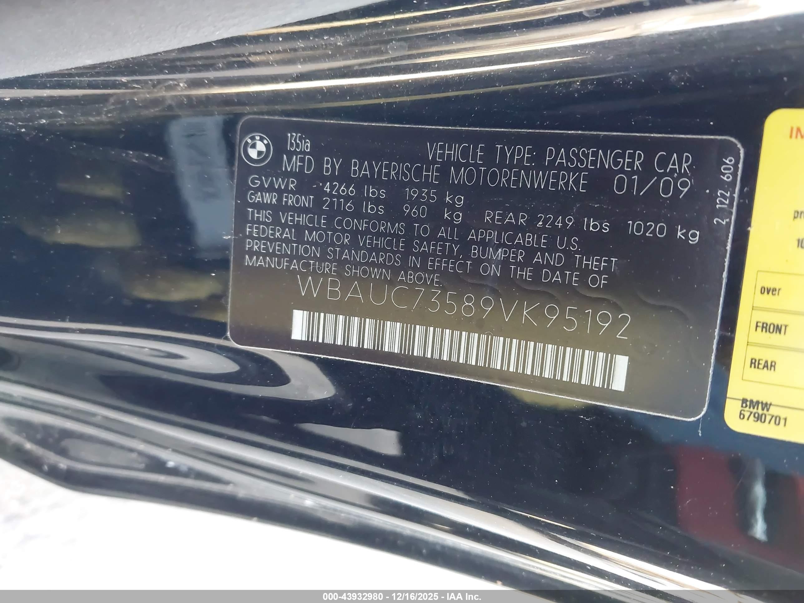 2009 Bmw 135i   Black vin: WBAUC73589VK95192