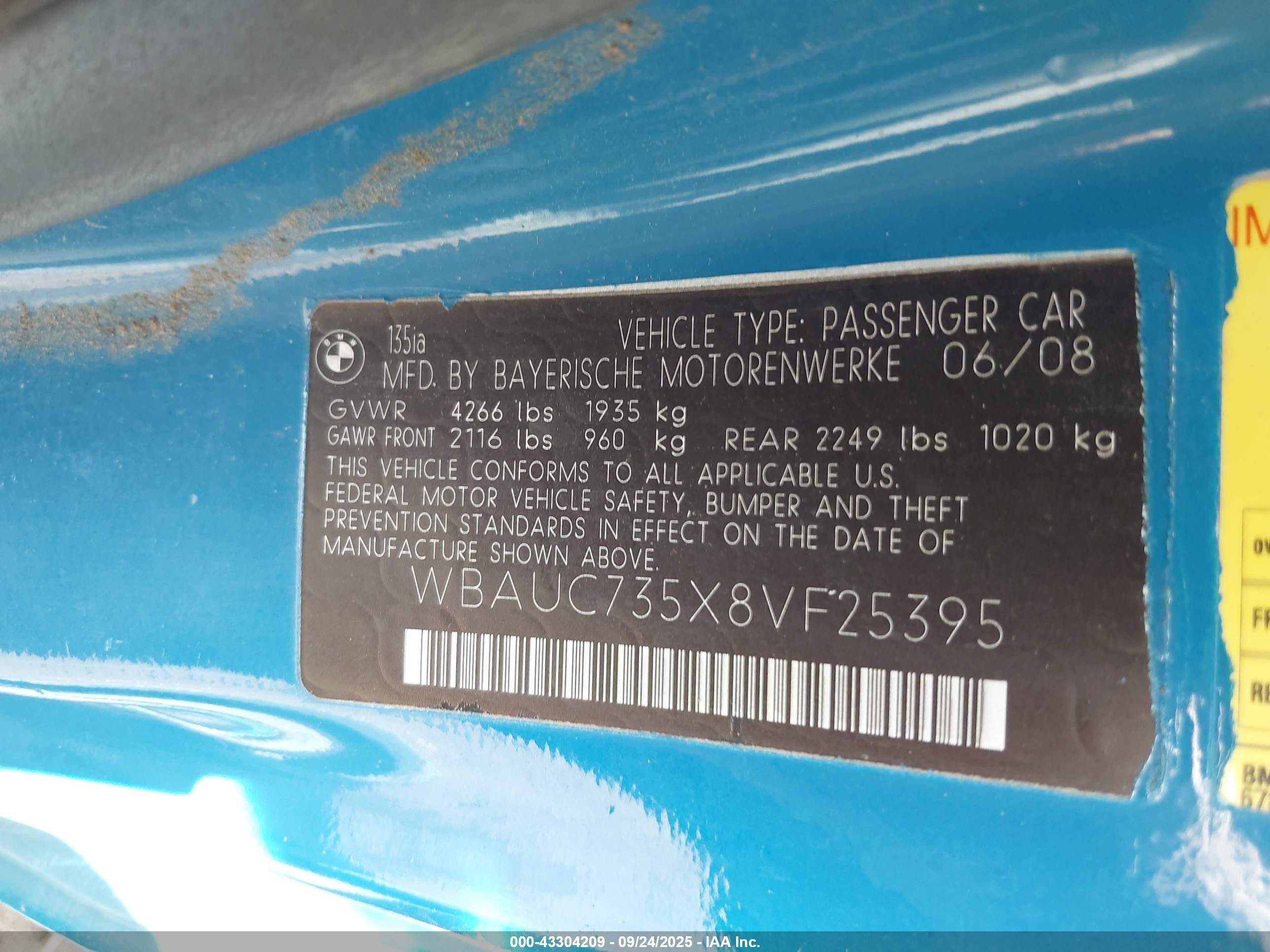 2008 Bmw 135i   Blue vin: WBAUC735X8VF25395