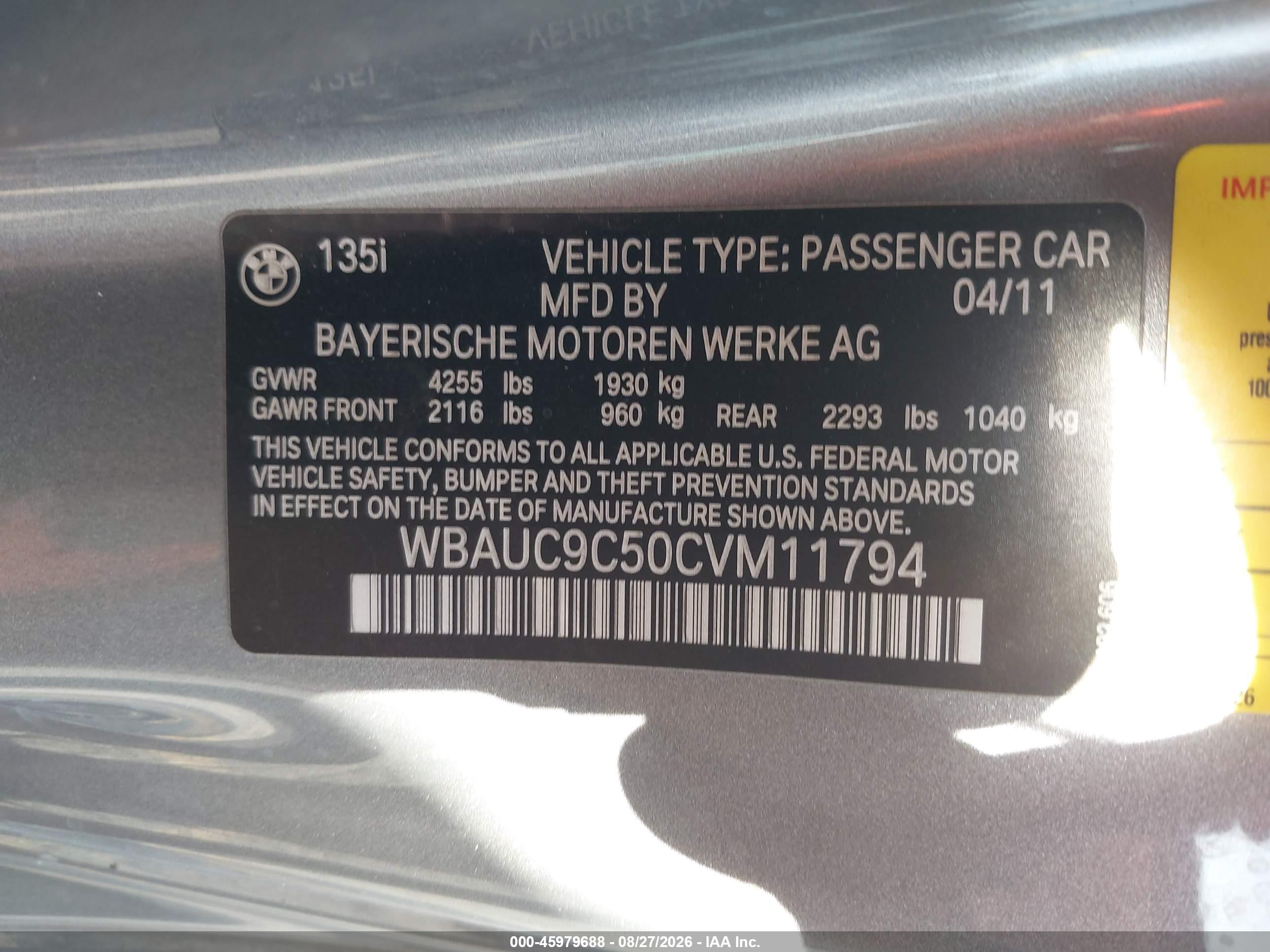 2012 Bmw 135i   Gray vin: WBAUC9C50CVM11794
