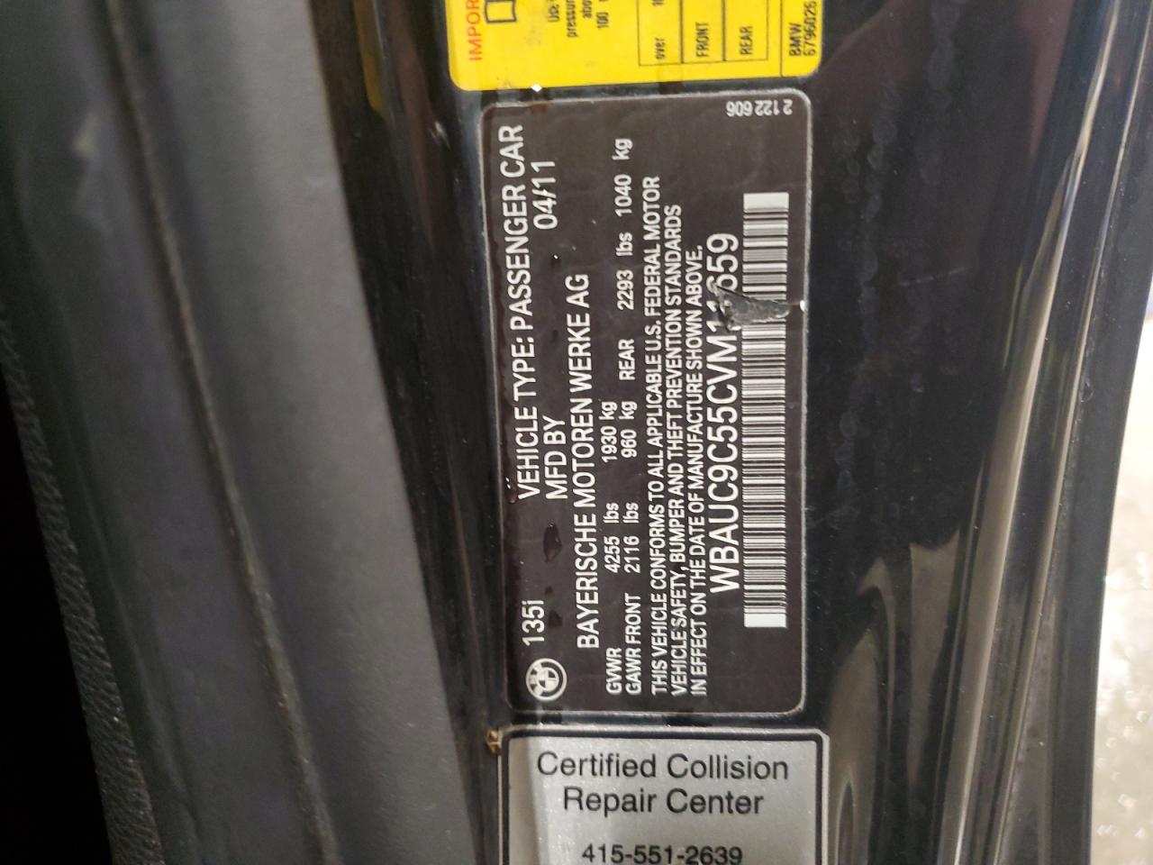 2012 Bmw 135 I Black vin: WBAUC9C55CVM11659