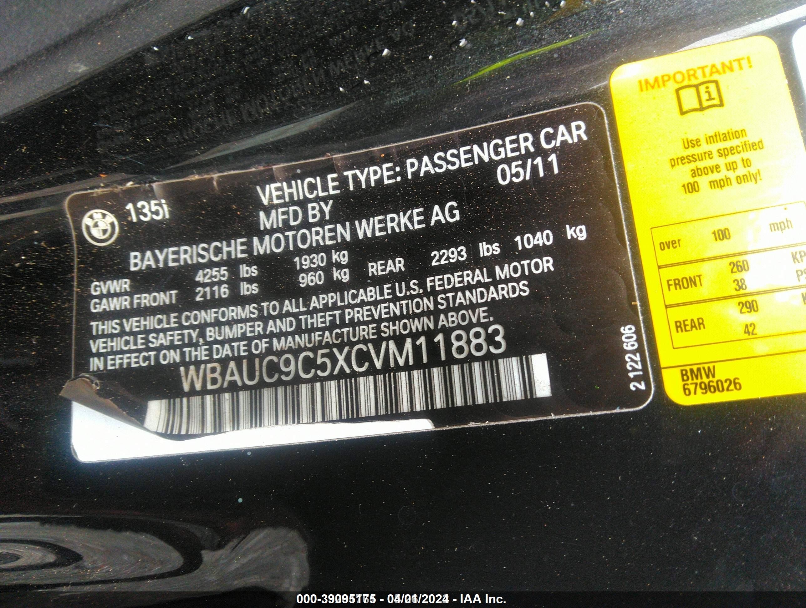 2012 Bmw 135i   Black vin: WBAUC9C5XCVM11883