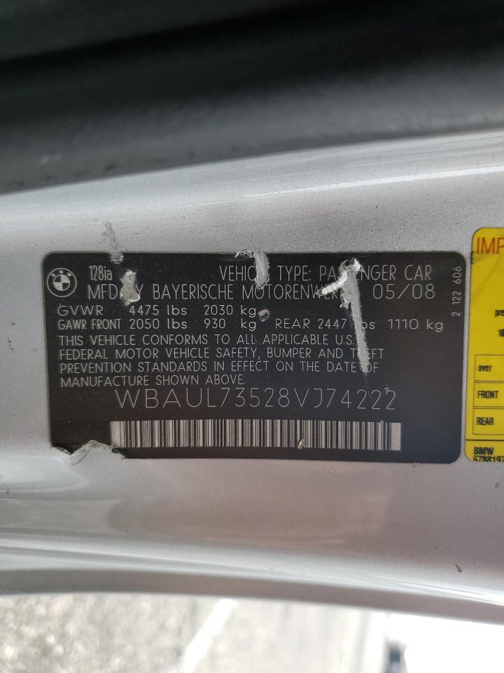 2008 Bmw 128 I Silver vin: WBAUL73528VJ74222