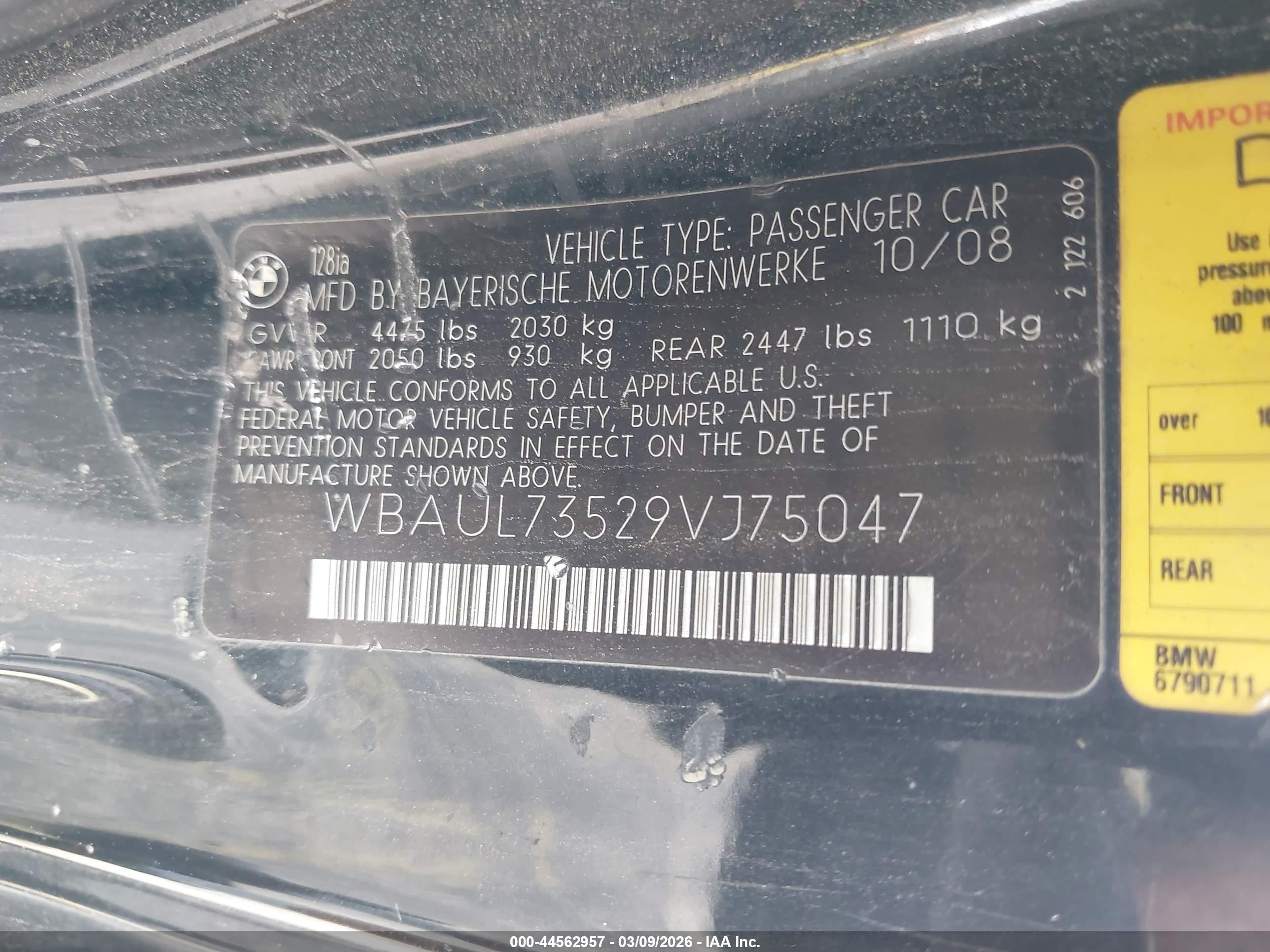 2009 Bmw 128i   Black vin: WBAUL73529VJ75047