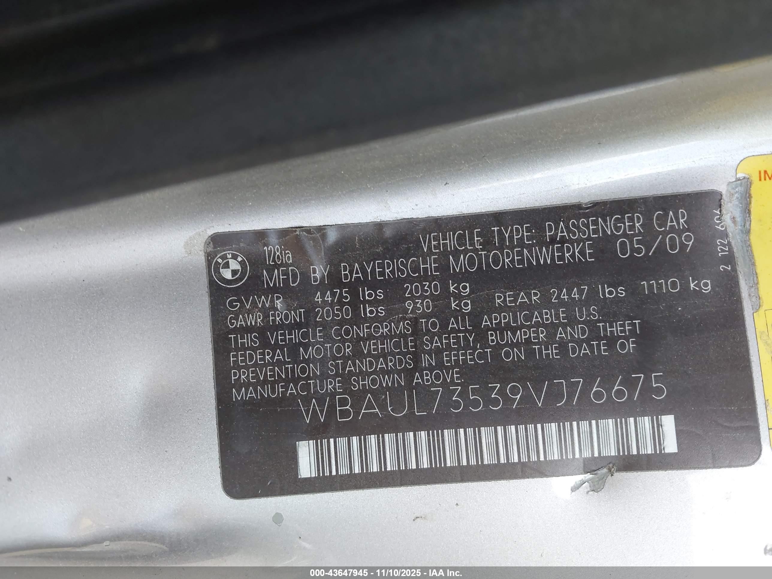 2009 Bmw 128i   Желто-коричневый vin: WBAUL73539VJ76675