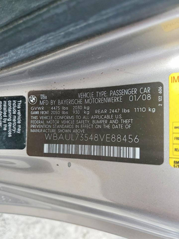 2008 Bmw 128 I Silver vin: WBAUL73548VE88456