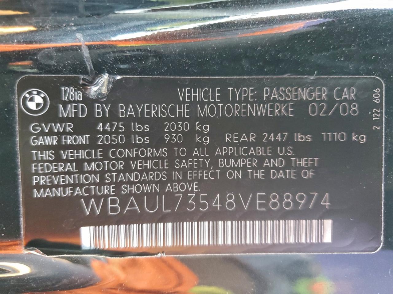 2008 Bmw 128 I Black vin: WBAUL73548VE88974