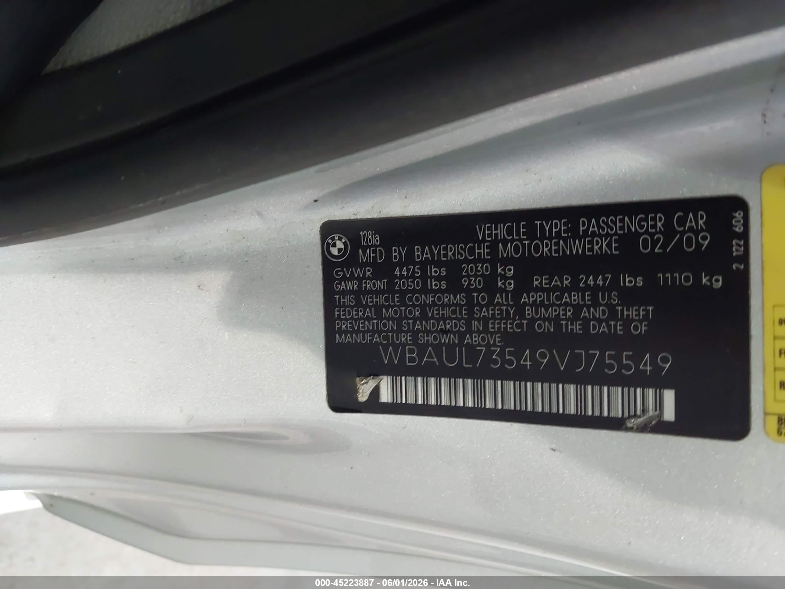 2009 Bmw 128i   Silver vin: WBAUL73549VJ75549