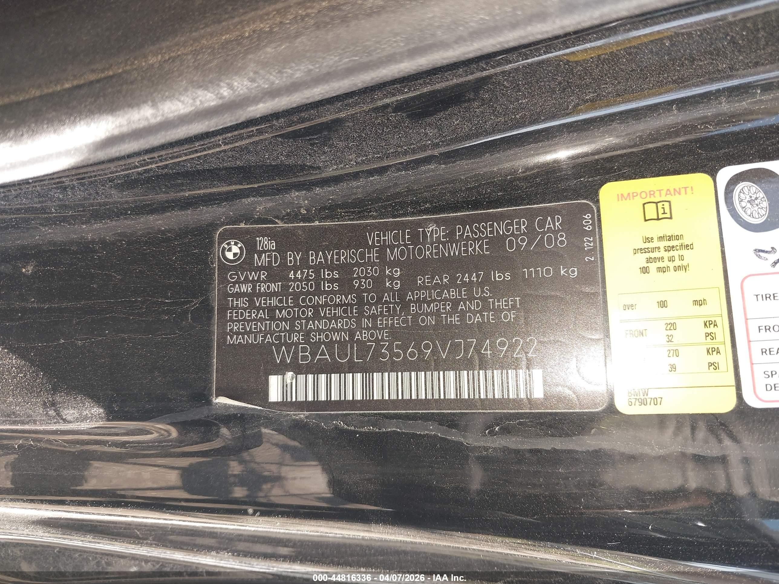 2009 Bmw 128i   Black vin: WBAUL73569VJ74922