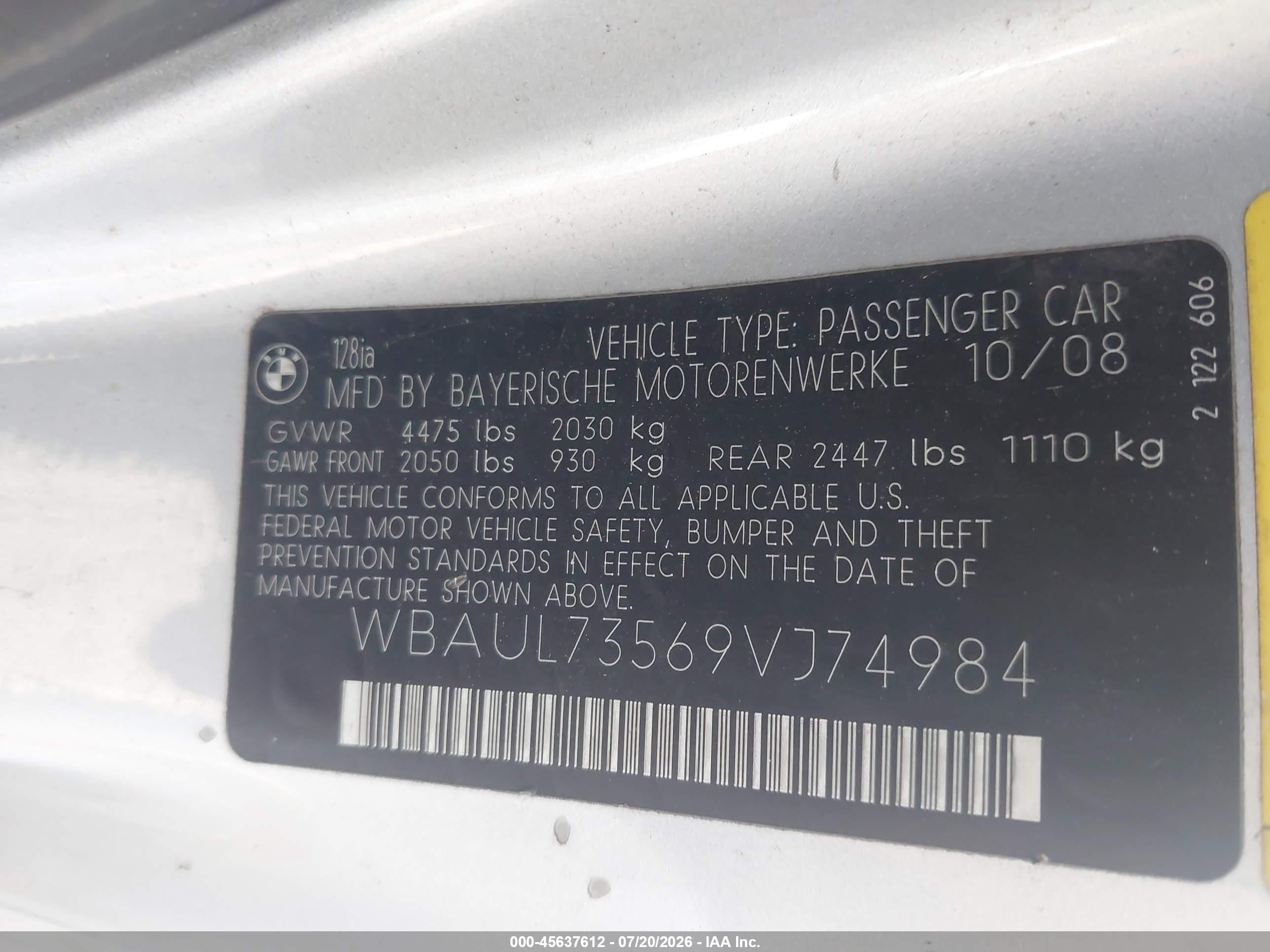 2009 Bmw 128i   Серебряный vin: WBAUL73569VJ74984