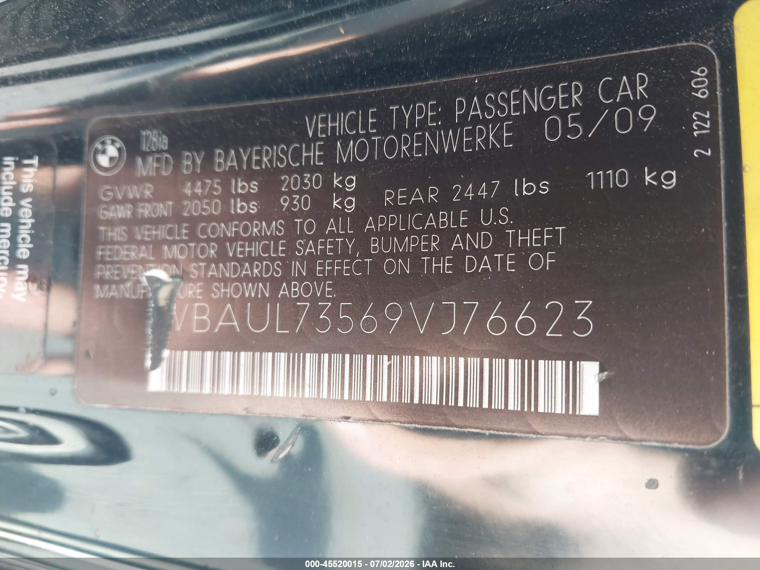2009 Bmw 128i   Черный vin: WBAUL73569VJ76623