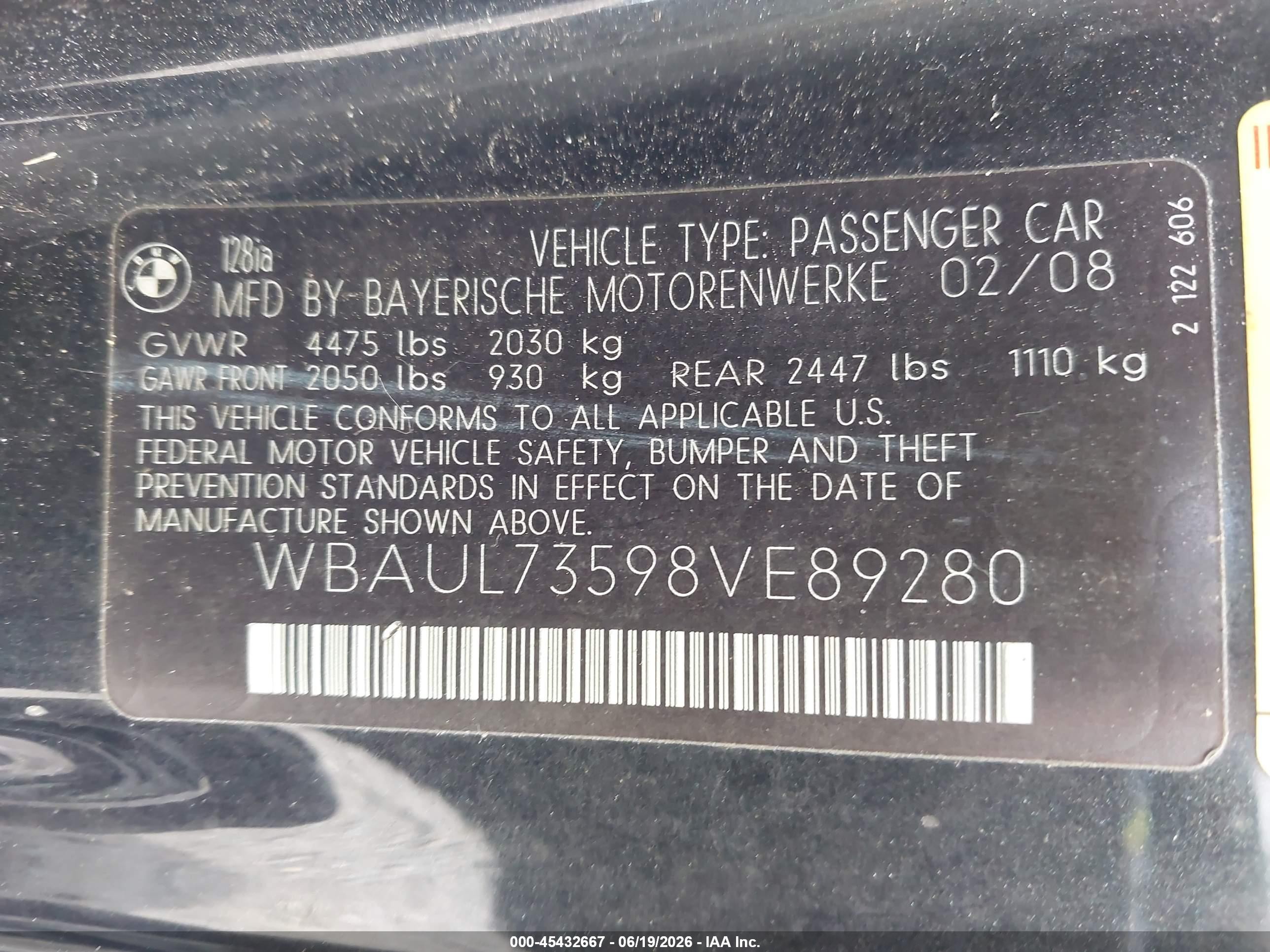 2008 Bmw 128i   Black vin: WBAUL73598VE89280