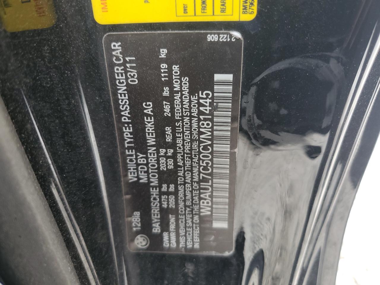 2012 Bmw 128 I Black vin: WBAUL7C50CVM81445