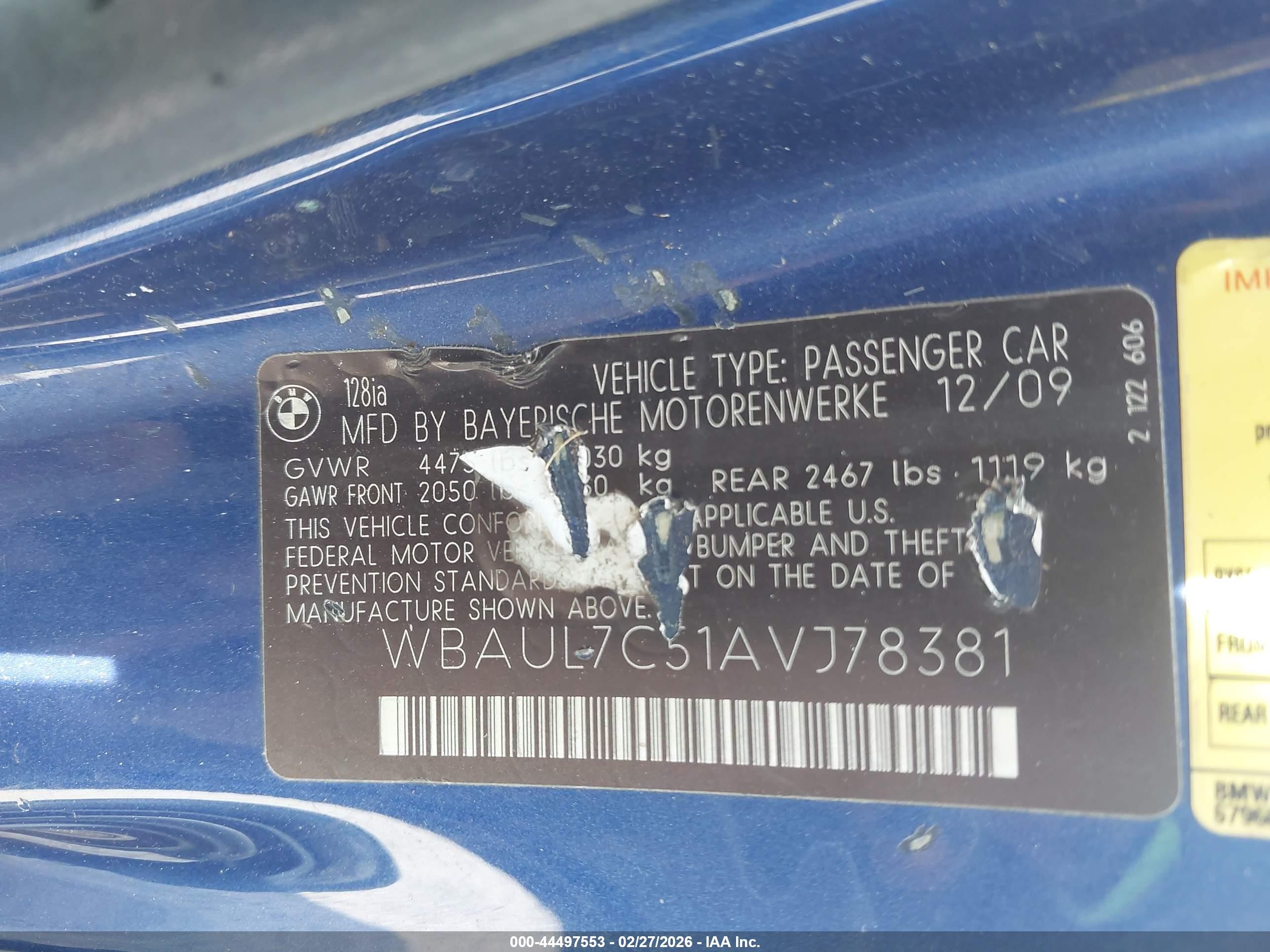 2010 Bmw 128i   Синий vin: WBAUL7C51AVJ78381