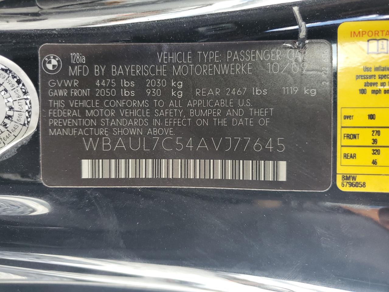 2010 Bmw 128 I Black vin: WBAUL7C54AVJ77645