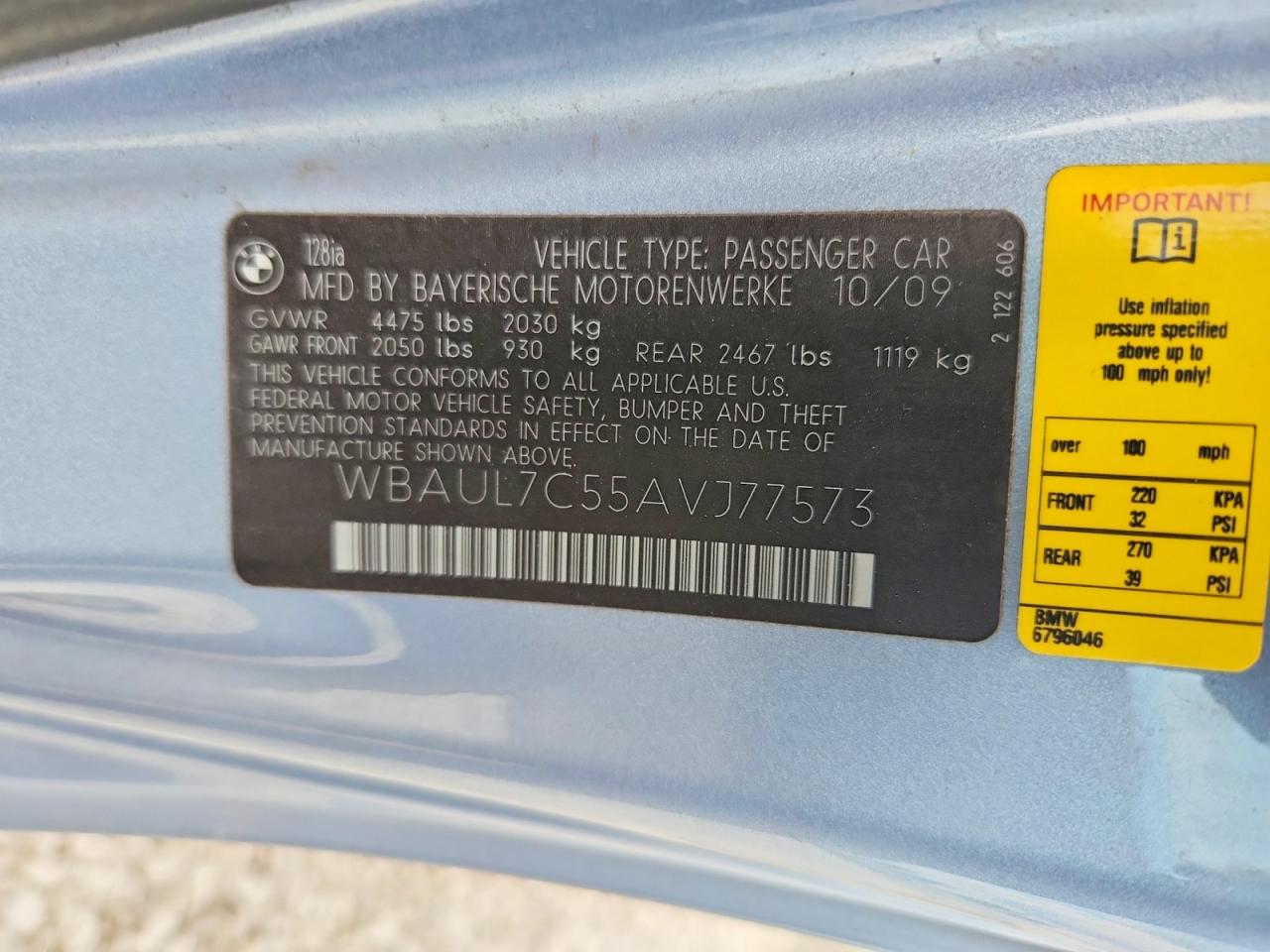 2010 Bmw 128 I Turquoise vin: WBAUL7C55AVJ77573